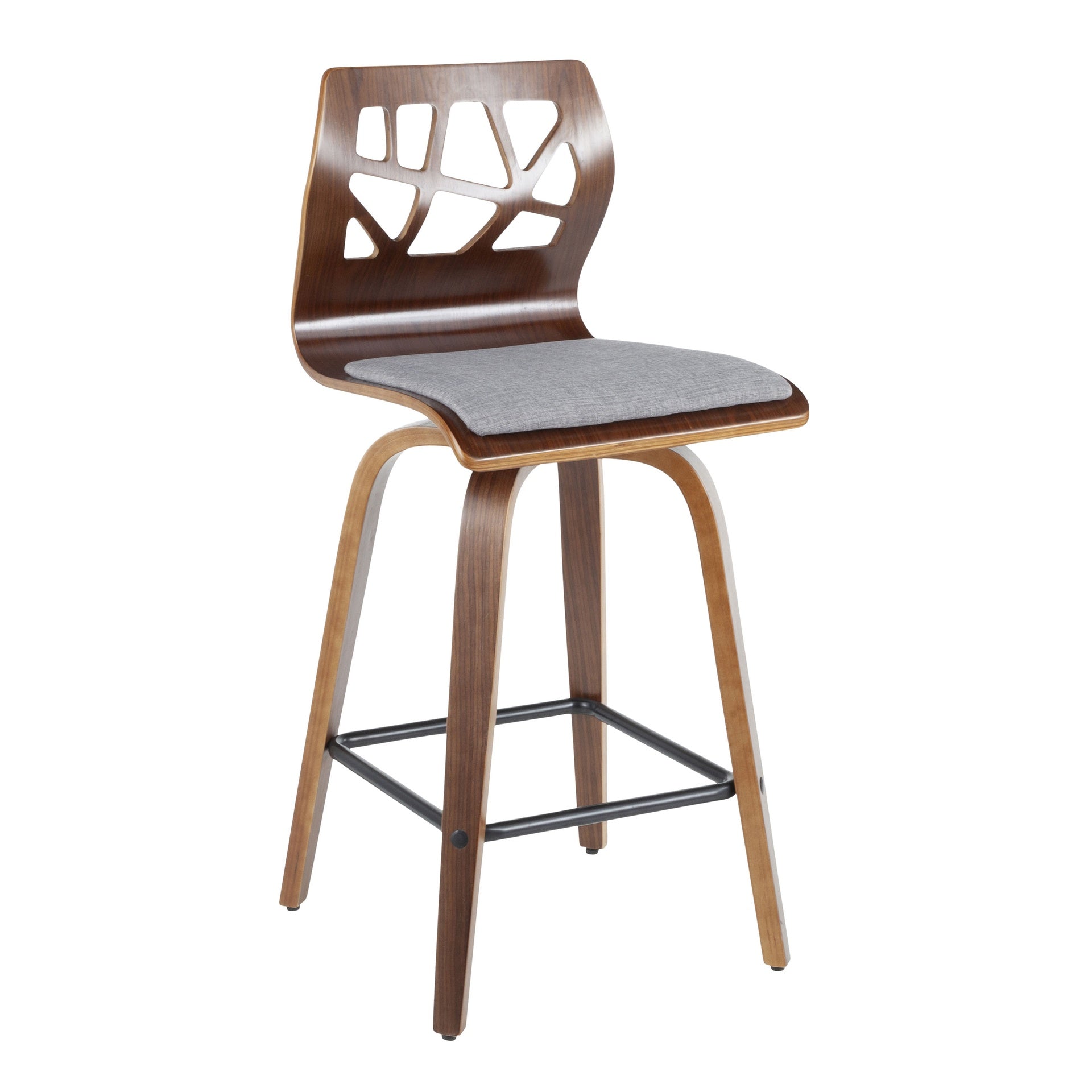 Folia 26" Mid-Century Modern Fixed Height Counter Stool with Swivel in Walnut Wood, Light Grey Fabric and Black Metal Footrest by LumiSource - Set of 2