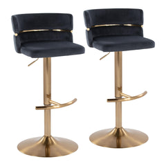 Cinch Glam/Art Deco Adjustable Barstool with Swivel in Gold Metal and Black Velvet with Rounded T Footrest by LumiSource - Set of 2