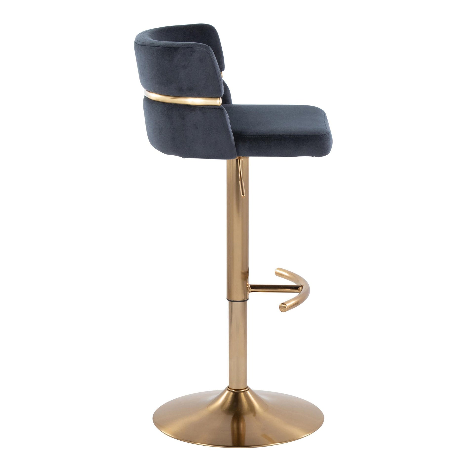 Cinch Glam/Art Deco Adjustable Barstool with Swivel in Gold Metal and Black Velvet with Rounded T Footrest by LumiSource - Set of 2