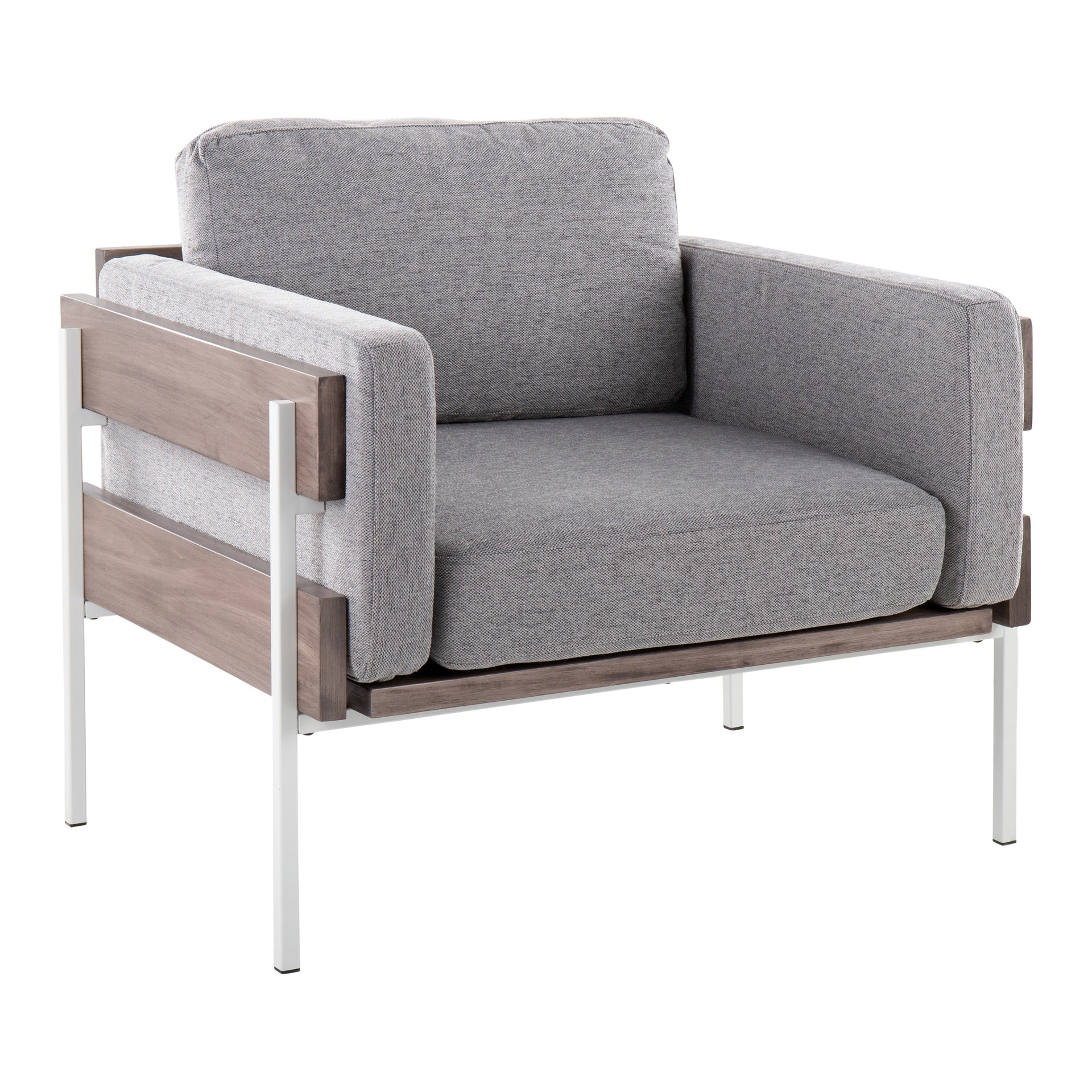 Kari Farmhouse Accent Chair in White Metal, Grey Wood and Light Grey Fabric by LumiSource