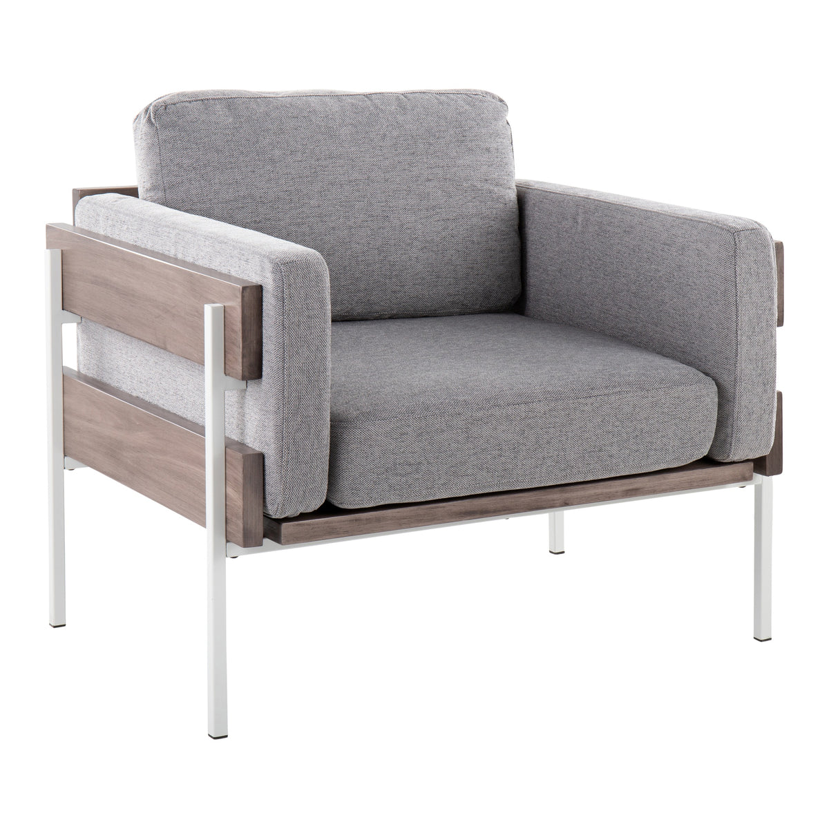 Kari Farmhouse Accent Chair in White Metal, Grey Wood and Light Grey Fabric by LumiSource