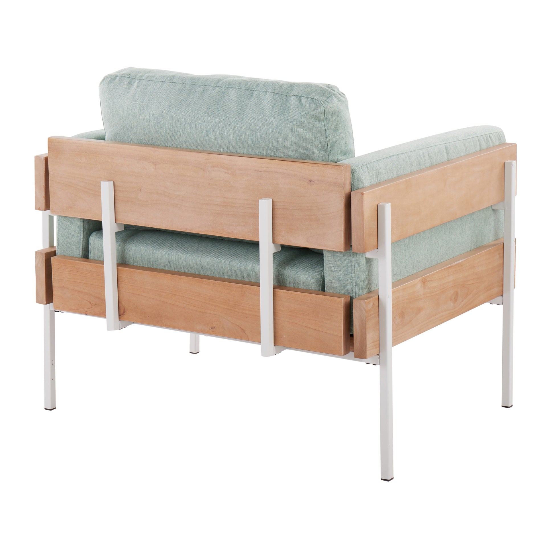 Kari Farmhouse Accent Chair in White Metal, Natural Wood, and Light Green Fabric by LumiSource