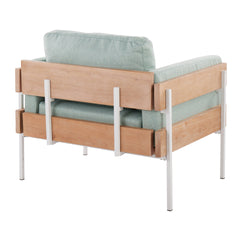 Kari Farmhouse Accent Chair in White Metal, Natural Wood, and Light Green Fabric by LumiSource