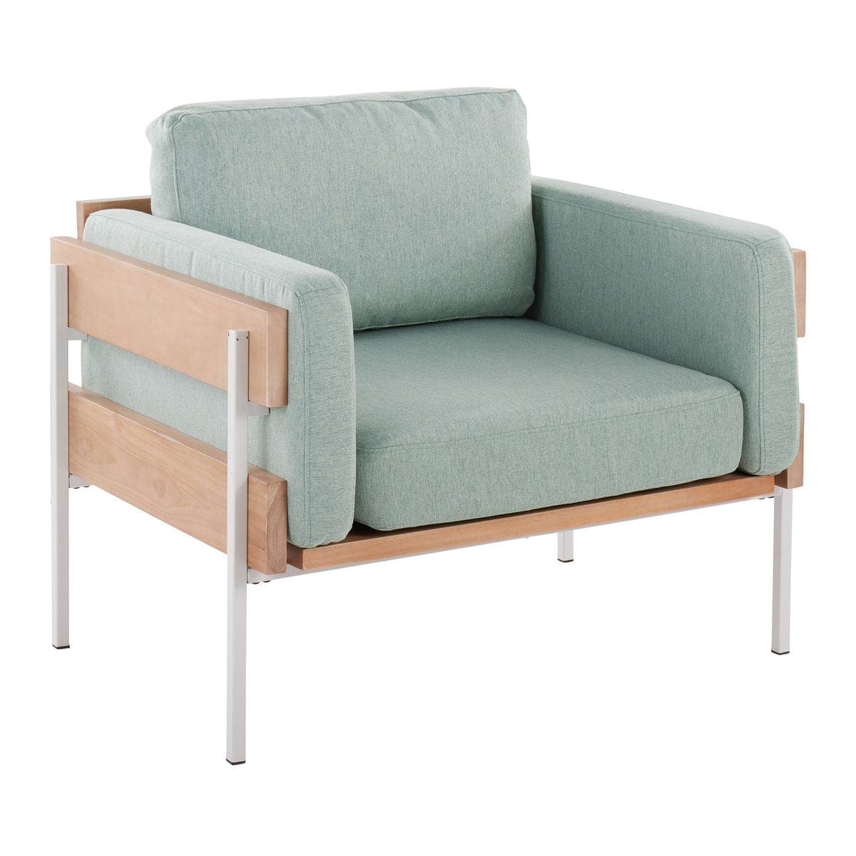 Kari Farmhouse Accent Chair in White Metal, Natural Wood, and Light Green Fabric by LumiSource