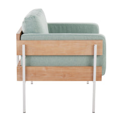 Kari Farmhouse Accent Chair in White Metal, Natural Wood, and Light Green Fabric by LumiSource