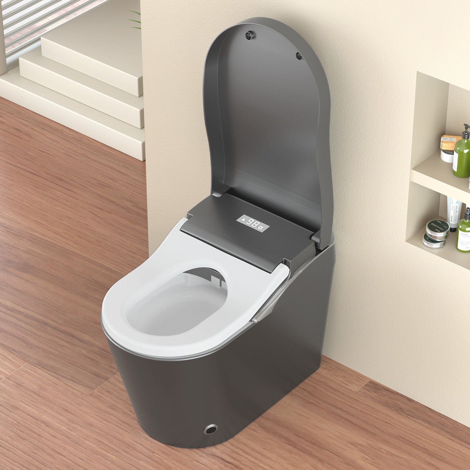 Tankless Modern Smart Toilet With Bidet, Auto Flush, Auto Open/Close,Heated Seat, Warm Water and Dry, Foam Shield Function White, Matte Grey