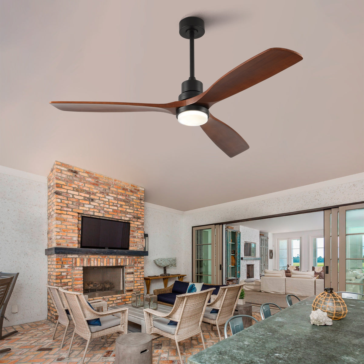 Hot sales 60 Inch Modern Black Ceiling Fan With Light 3 Solid Wood Blades Remote Control Reversible DC Motor With Dimmable LED