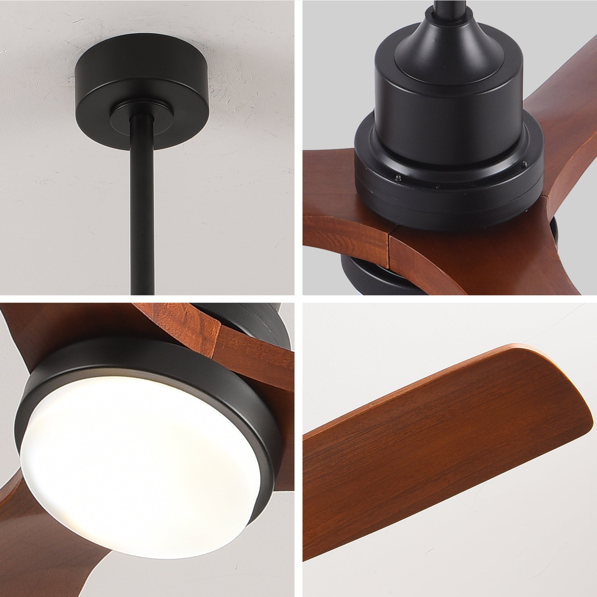 Hot sales 60 Inch Modern Black Ceiling Fan With Light 3 Solid Wood Blades Remote Control Reversible DC Motor With Dimmable LED