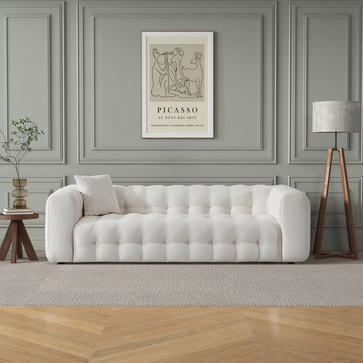 Eden Modern Tufted Chesterfield Boucle Fabric Sofa in Cream, Luxurious and Comfortable Living Room Furniture 33"H x 86.6"W x 37.4"D for Living Room