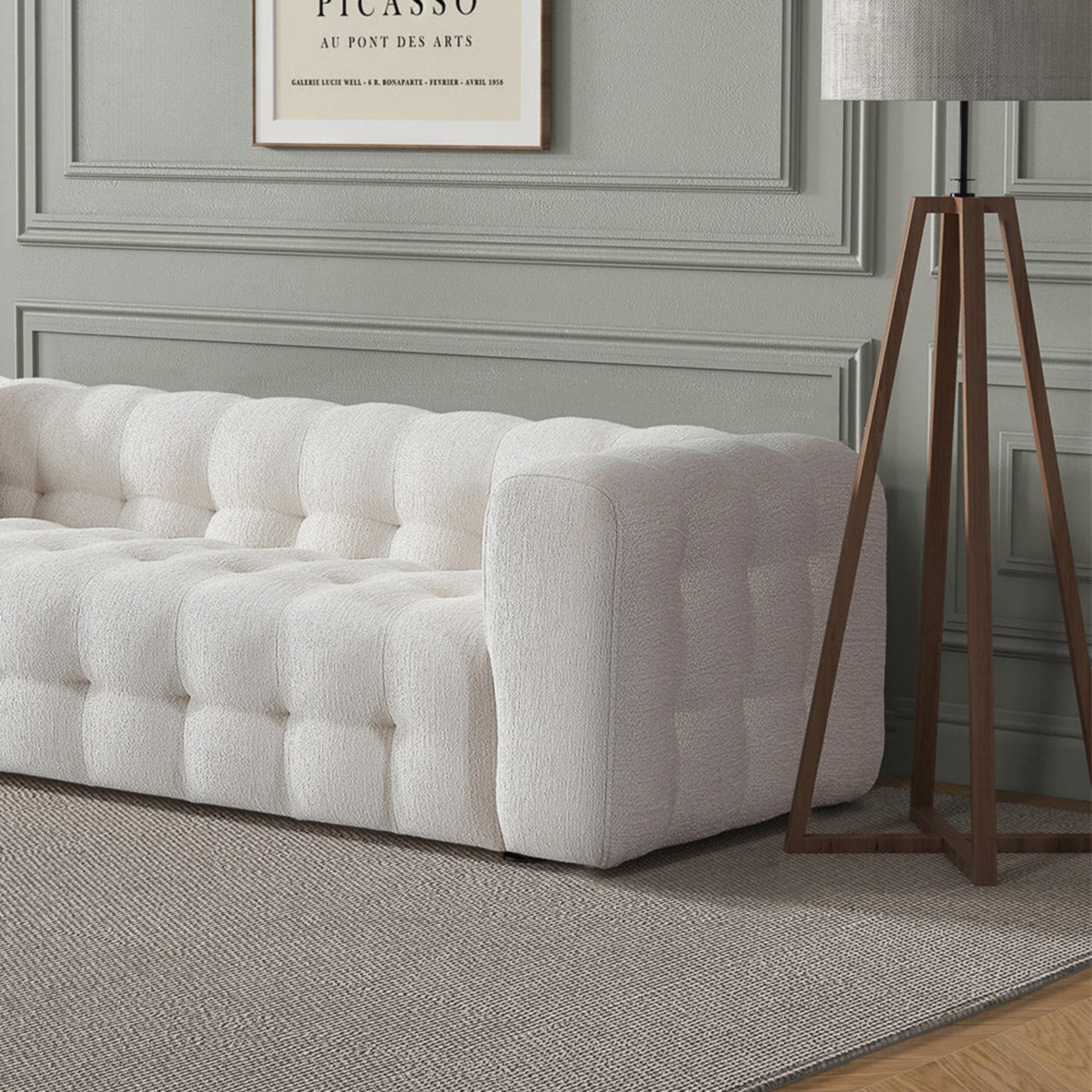 Eden Modern Tufted Chesterfield Boucle Fabric Sofa in Cream, Luxurious and Comfortable Living Room Furniture 33"H x 86.6"W x 37.4"D for Living Room
