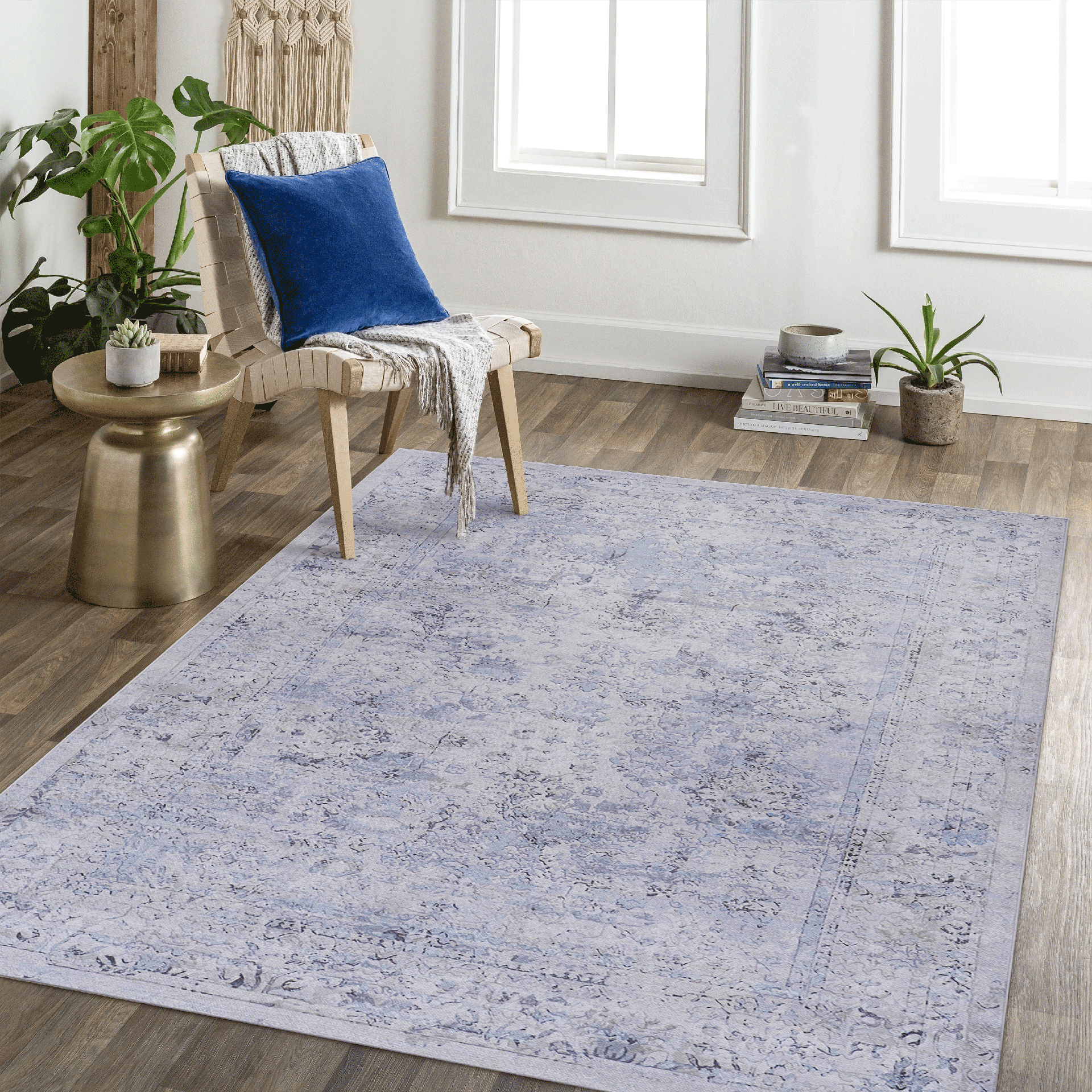 MAVAL Blue Washable Rug 6x9 Area Rug (Blue+Cream, 6' x 9')