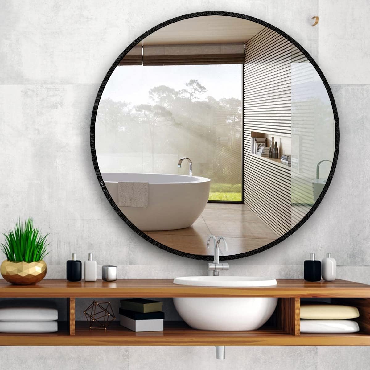 39 Inch Black Metal Framed Round Bathrrom Mirror for Wall.(W2203134993)