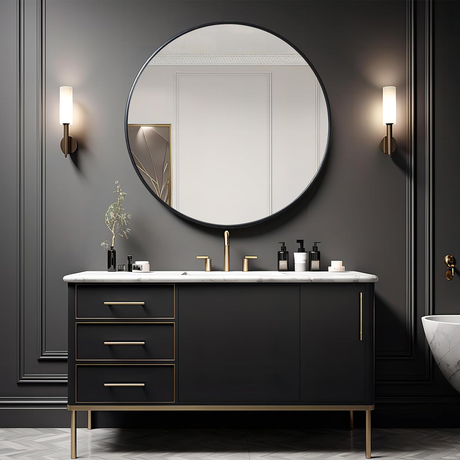 39 Inch Black Metal Framed Round Bathrrom Mirror for Wall.(W2203134993)