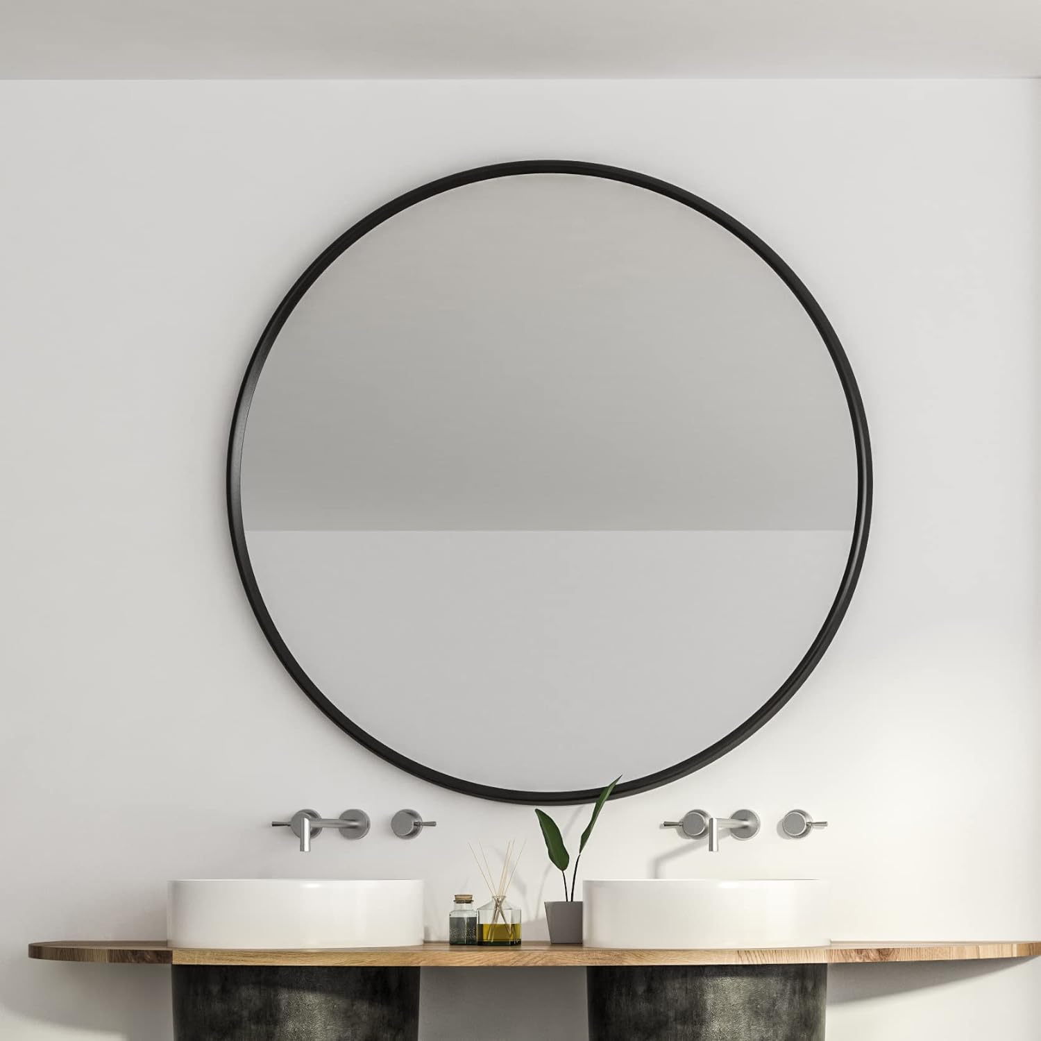 39 Inch Black Metal Framed Round Bathrrom Mirror for Wall.(W2203134993)