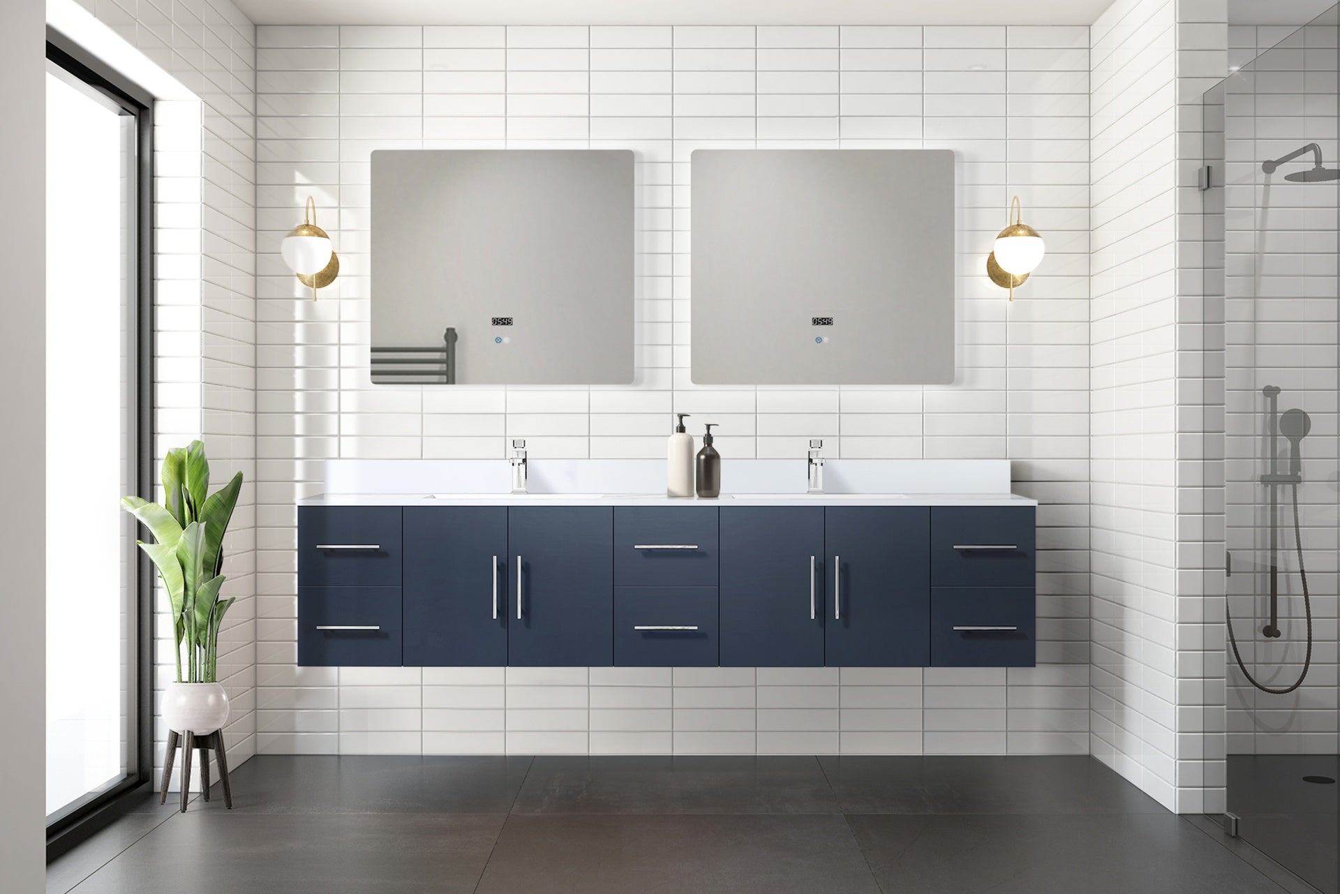 Navy Blue Double Bath Vanity 84 in. W x 22 in. D, with White Quartz Top