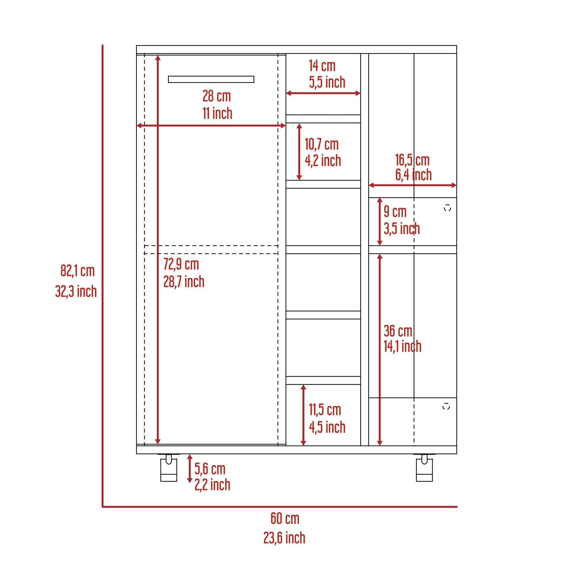 Bar Cart, Two External Shelves, Four Casters, Six Built-in Wine Rack, Single Door Cabinet -White