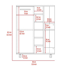 Bar Cart, Two External Shelves, Four Casters, Six Built-in Wine Rack, Single Door Cabinet -White