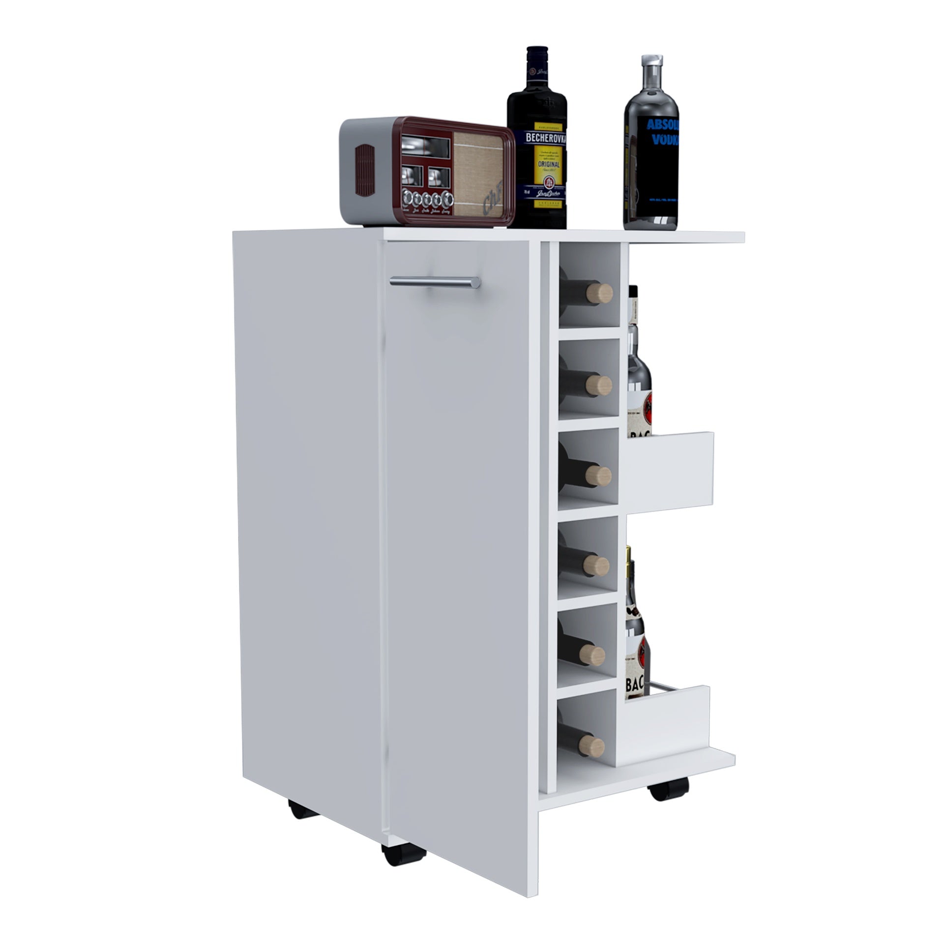 Bar Cart, Two External Shelves, Four Casters, Six Built-in Wine Rack, Single Door Cabinet -White