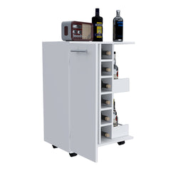 Bar Cart, Two External Shelves, Four Casters, Six Built-in Wine Rack, Single Door Cabinet -White