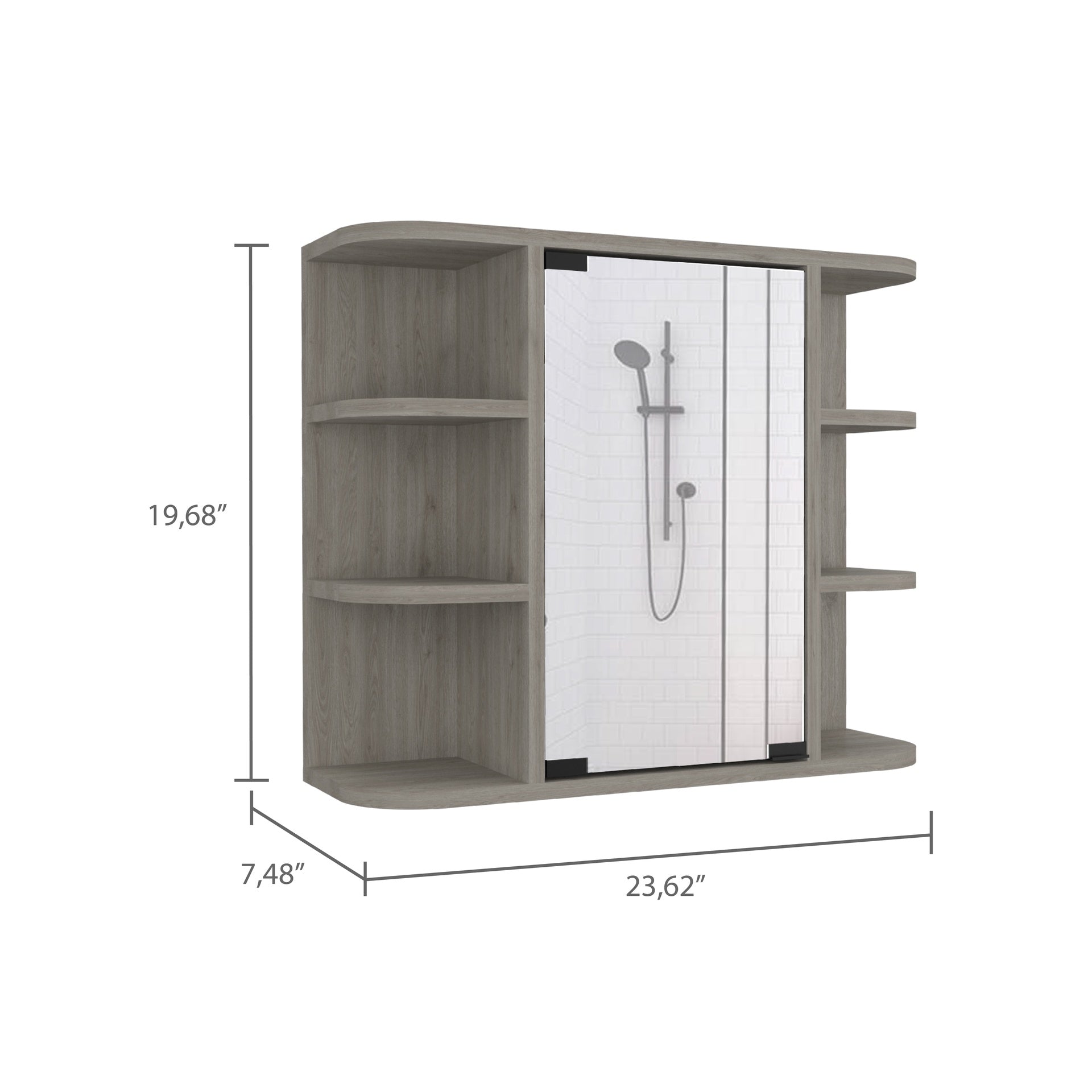 Milan Medicine Cabinet, Six External Shelves Mirror, Three Internal Shelves -Light Gray