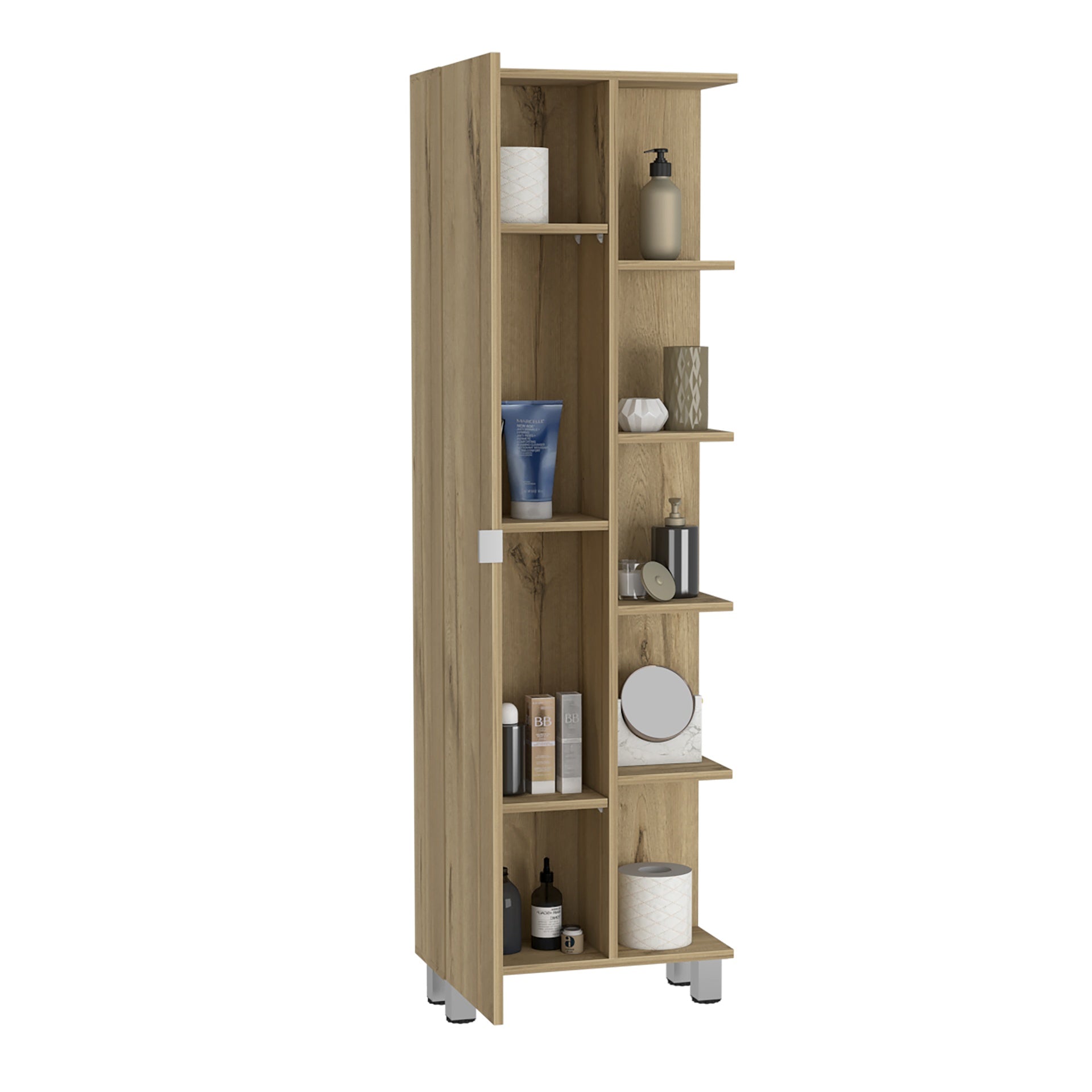 Urano Mirror Linen Cabinet, Four Interior  Shelves, Five External Shelves -Light Oak