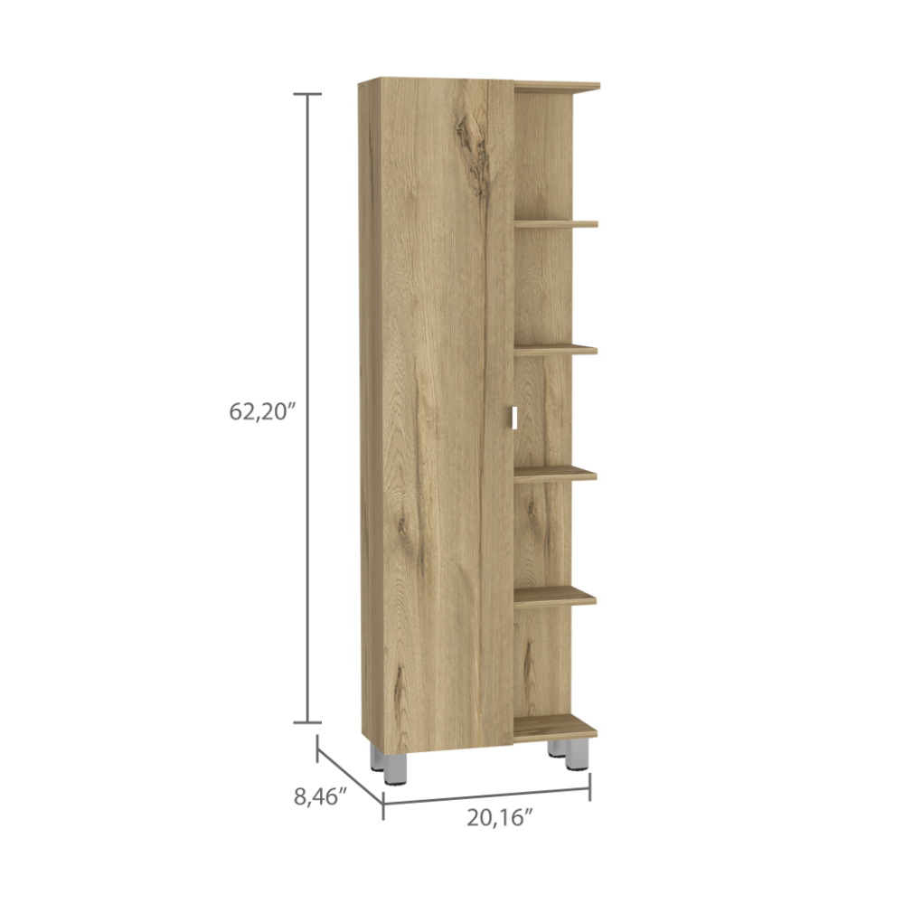 Urano Mirror Linen Cabinet, Four Interior  Shelves, Five External Shelves -Light Oak