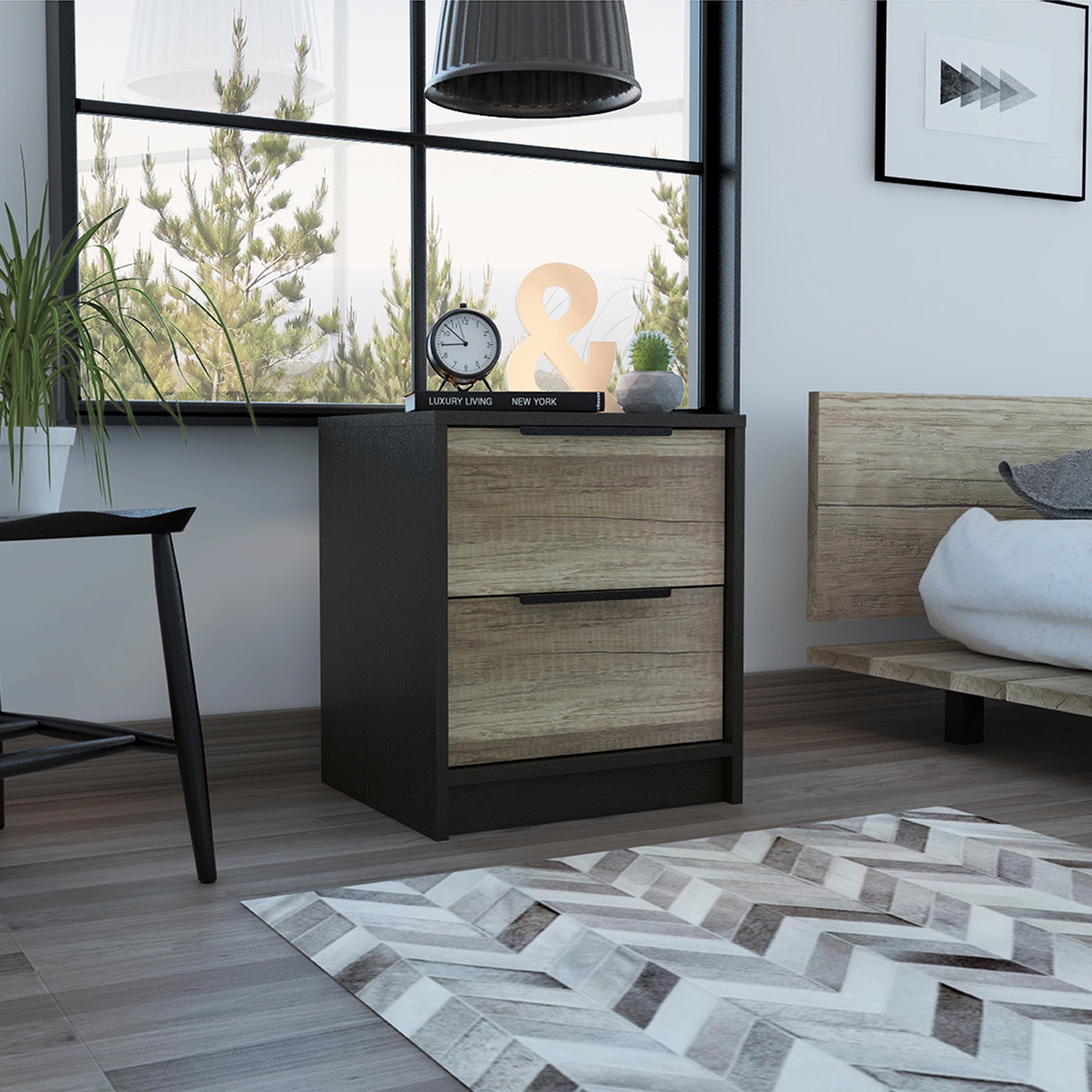 Kaia Nightstand , End Table, Side Table Two Drawers, Metal Handle -Black / Pine