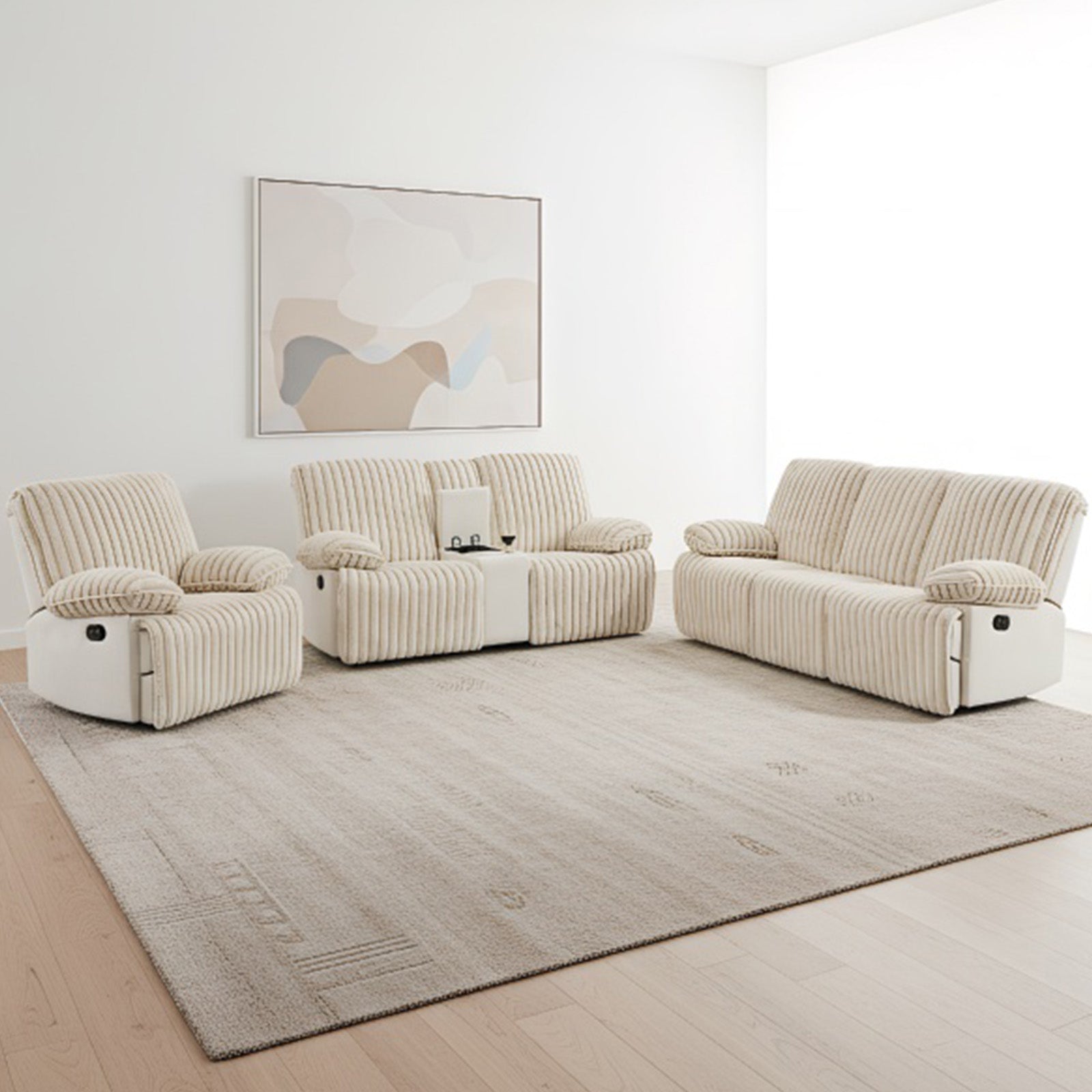 Manual Reclining Sofa 1+2+3 Seat Corduroy, Recliner Sofa with Hidden Cup Holders,Reclining Couch Set, Recliner Couch for Living Room Home Theater, Beige