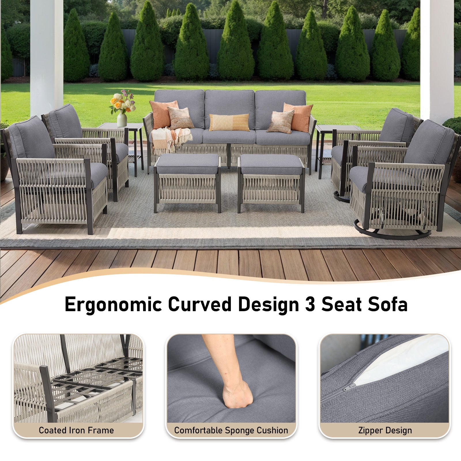 73.6" Outdoor Patio Sofa, 3-Seat Rattan Couch with Gray Cushions Ideal for Balcony or Porch