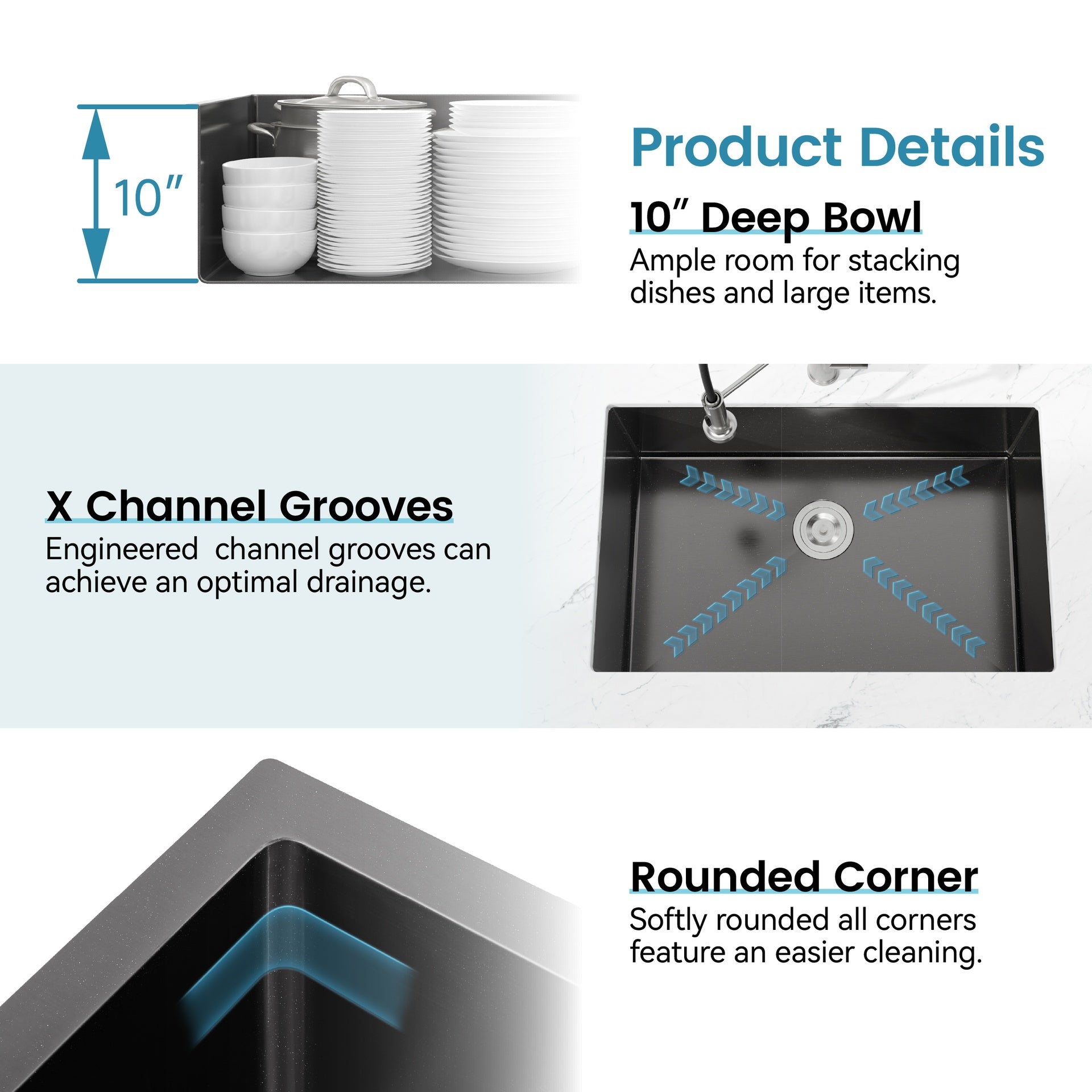 Stainless Steel Kitchen Sink, 33″x19″ Single Bowl, Undermount Handmade Sink in Black, with US Standard Drain and Hook