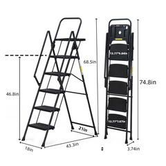5-step ladder, foldable step stool with tool tray and wide non slip pedals, sturdy steel ladder, convenient handrails, lightweight portable steel step stool