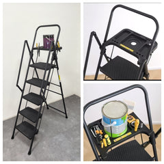 5-step ladder, foldable step stool with tool tray and wide non slip pedals, sturdy steel ladder, convenient handrails, lightweight portable steel step stool