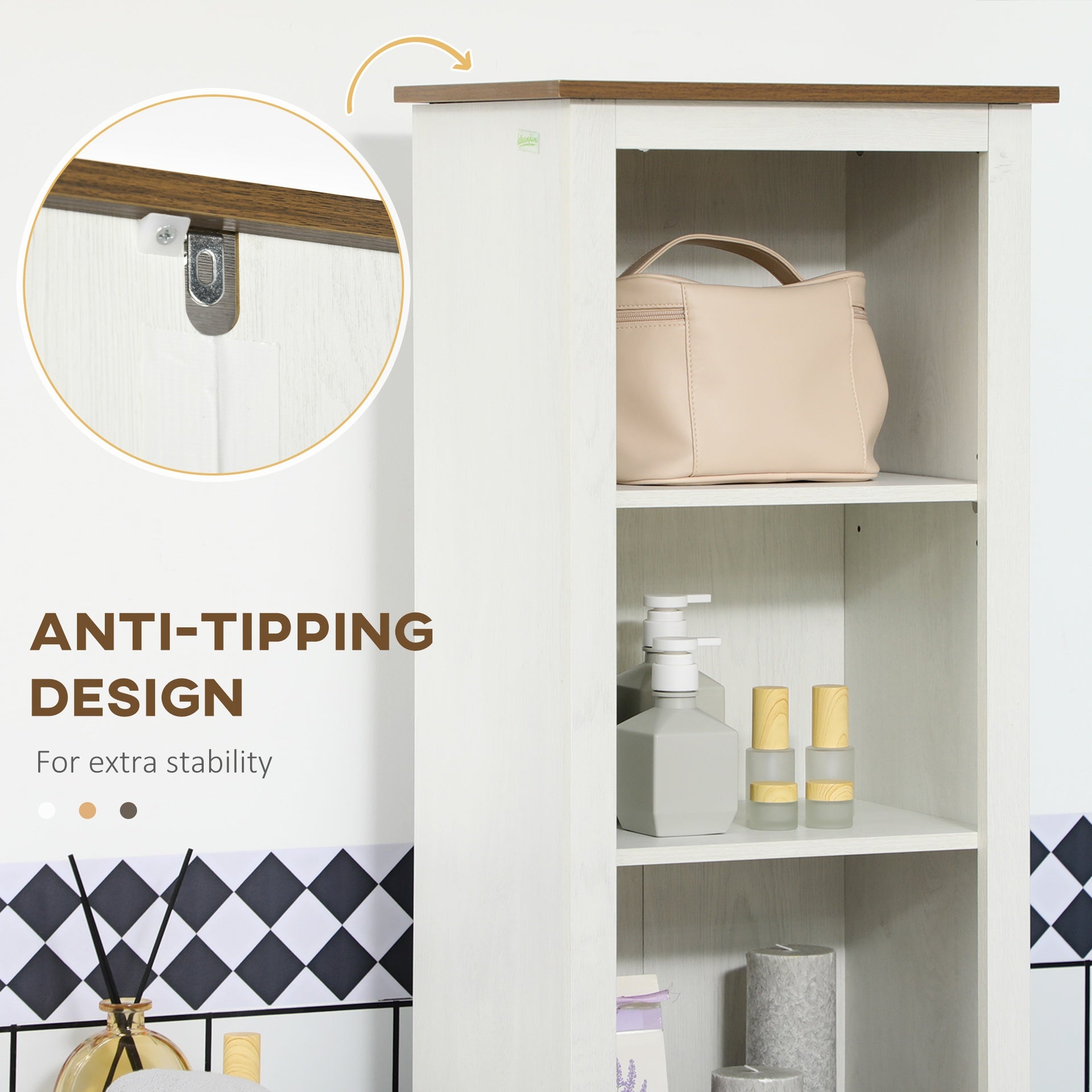 kleankin Slim Bathroom Storage Cabinet with Triple Open Shelves, Wooden Freestanding Linen Tower with Door and Shelf Adjustability, White