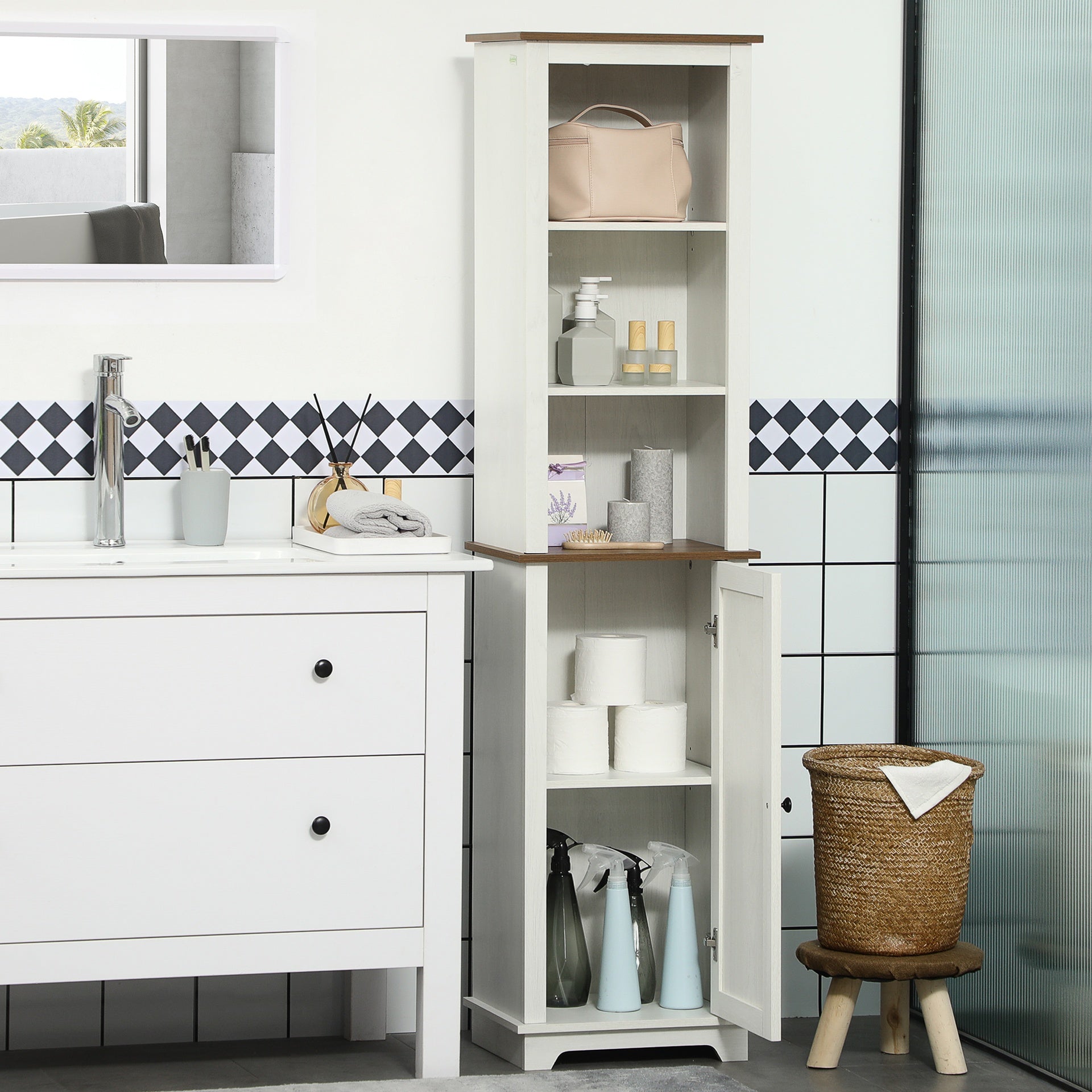 kleankin Slim Bathroom Storage Cabinet with Triple Open Shelves, Wooden Freestanding Linen Tower with Door and Shelf Adjustability, White
