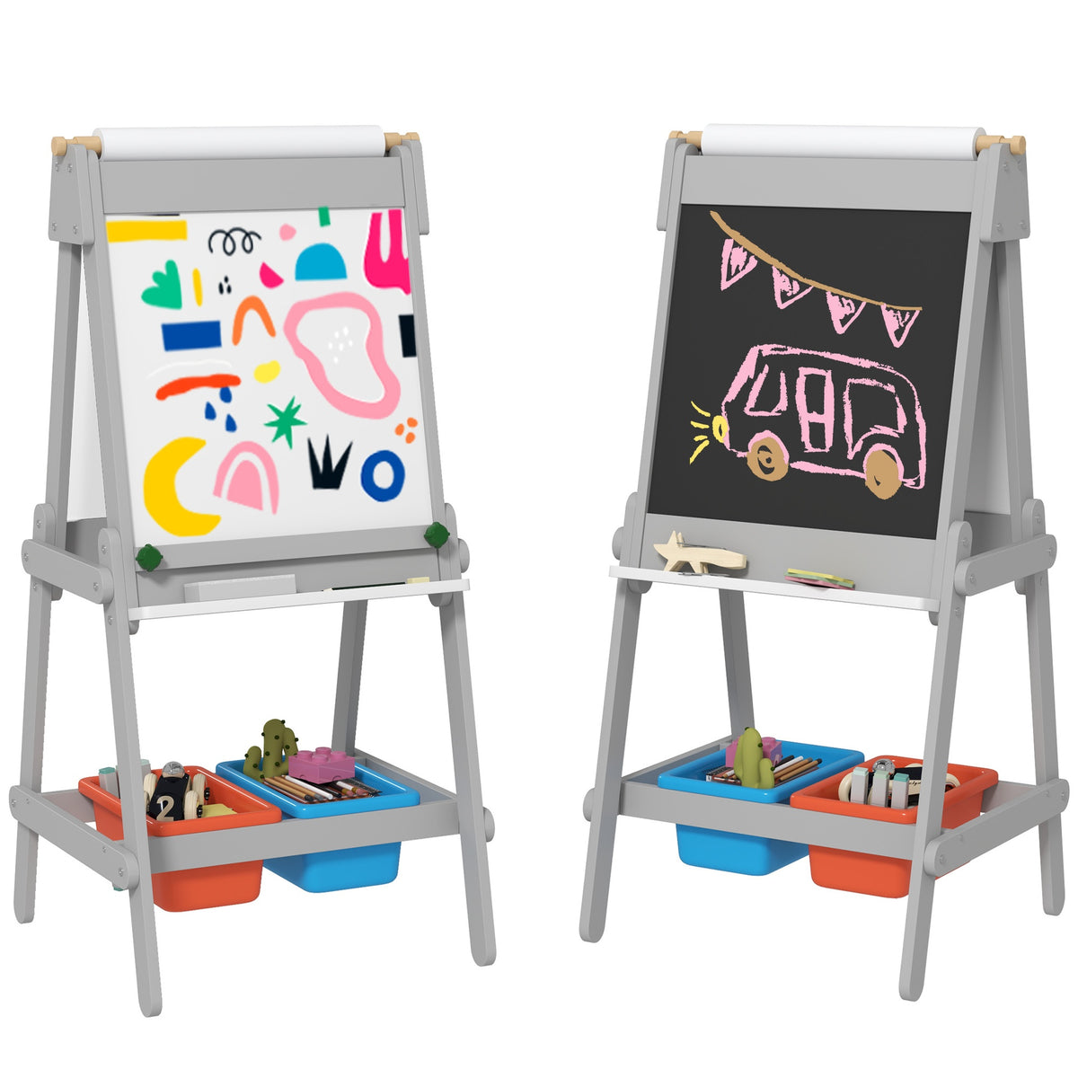 Qaba Art Easel, Easel for Kids with Paper Roll, Double Sided Whiteboard & Chalkboard for Toddlers Aged 3-8 Years Old, with Painting Paper Stand, 2 Storage Boxes, Gray