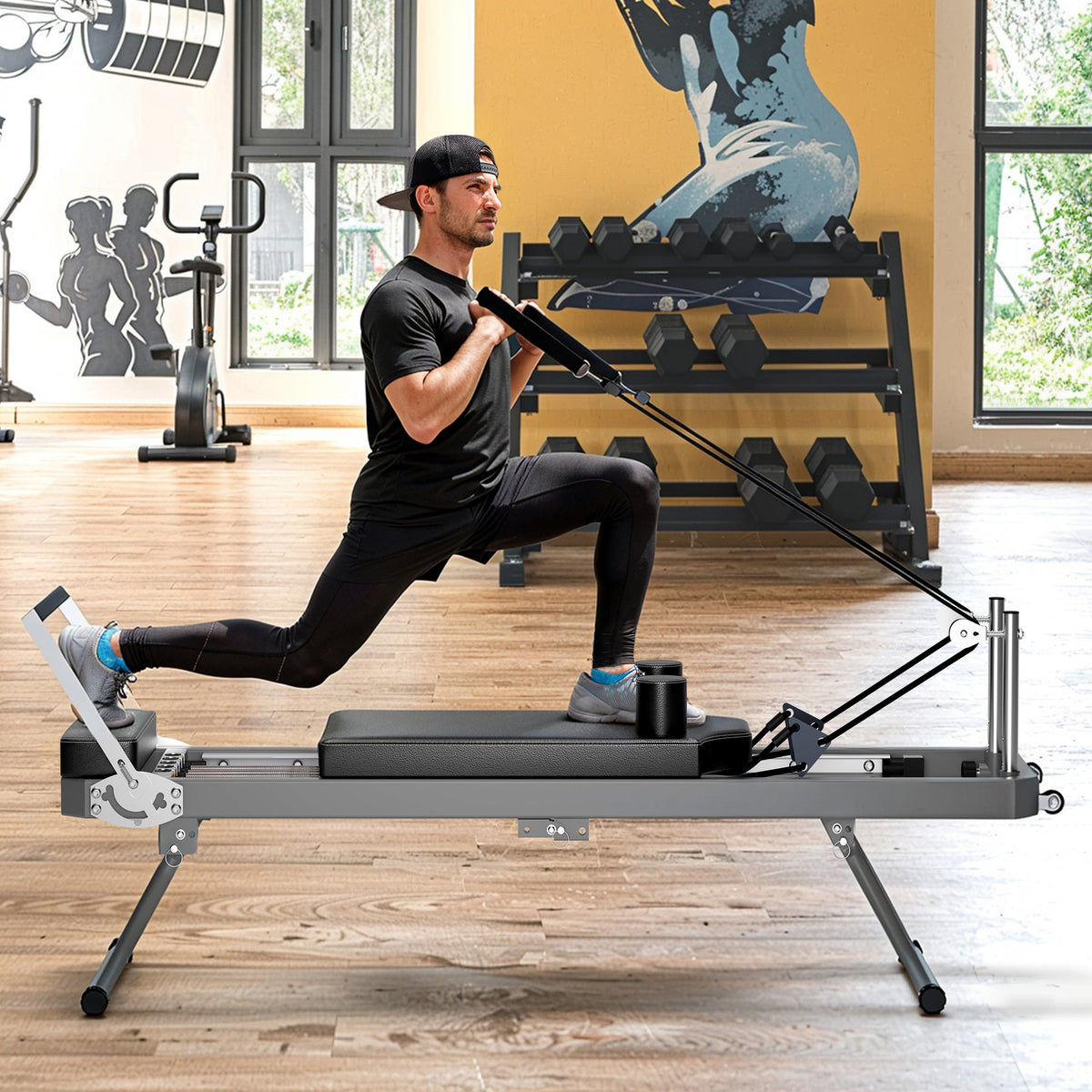 Extra Large Pilates Reformer - Multi-functional Home Fitness Equipment, 395lbs Capacity, with Dynamic Resistance Cords and Aerobic Rebounder, Improves Posture, Builds Strength, Reduces Stress, black