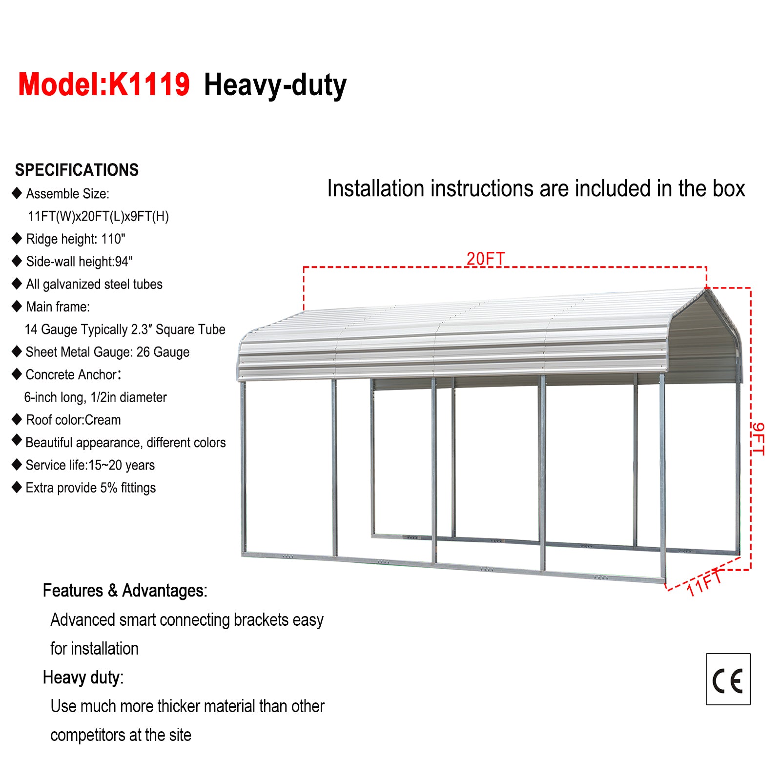 11FT x 20FT Metal Carport – Reinforced Steel Roof Shelter for Outdoor Parking