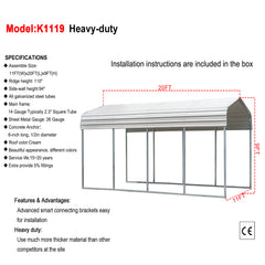 11FT x 20FT Metal Carport – Reinforced Steel Roof Shelter for Outdoor Parking