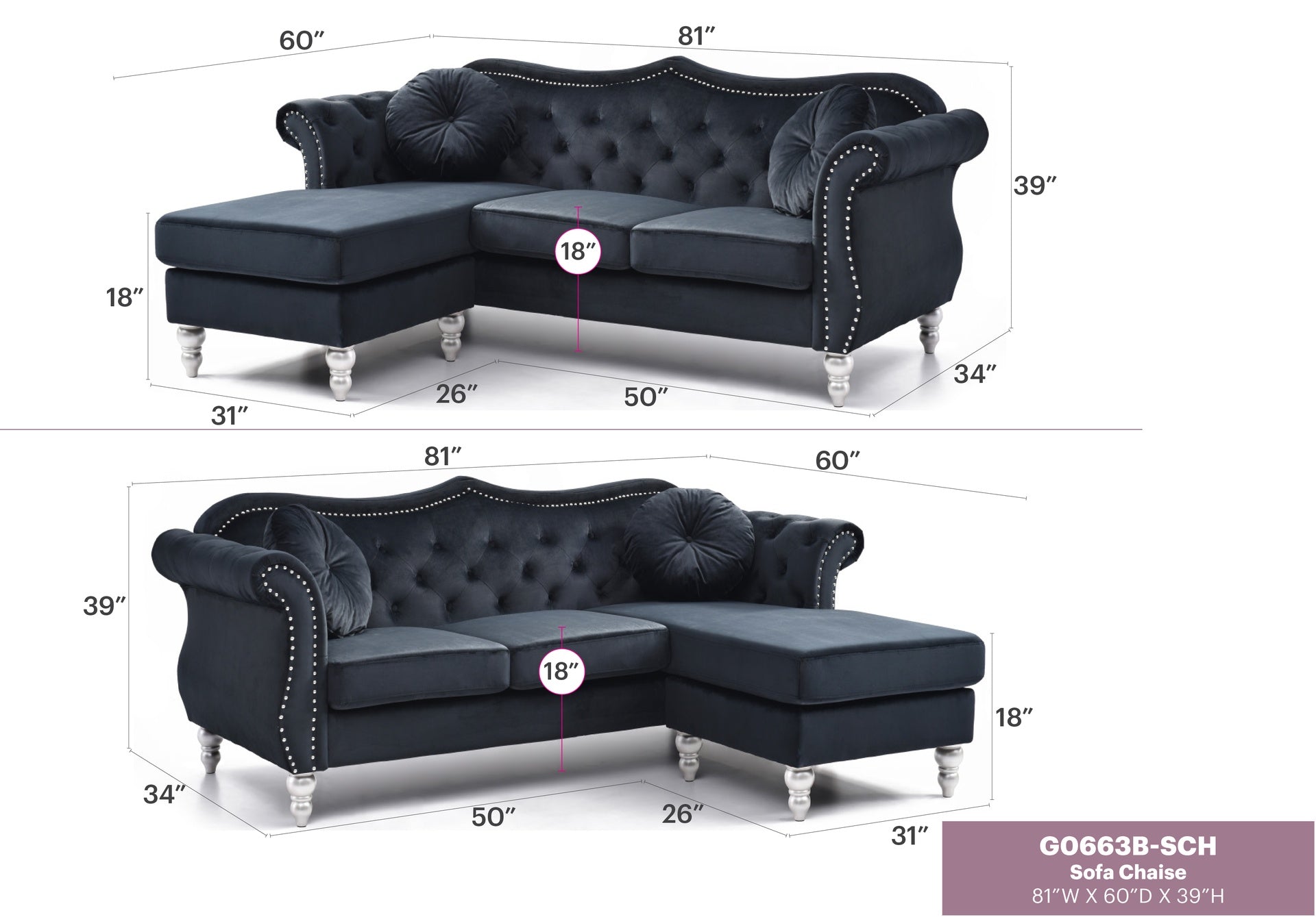 Glory Furniture Hollywood G0663B-SC Sofa Chaise , BLACK