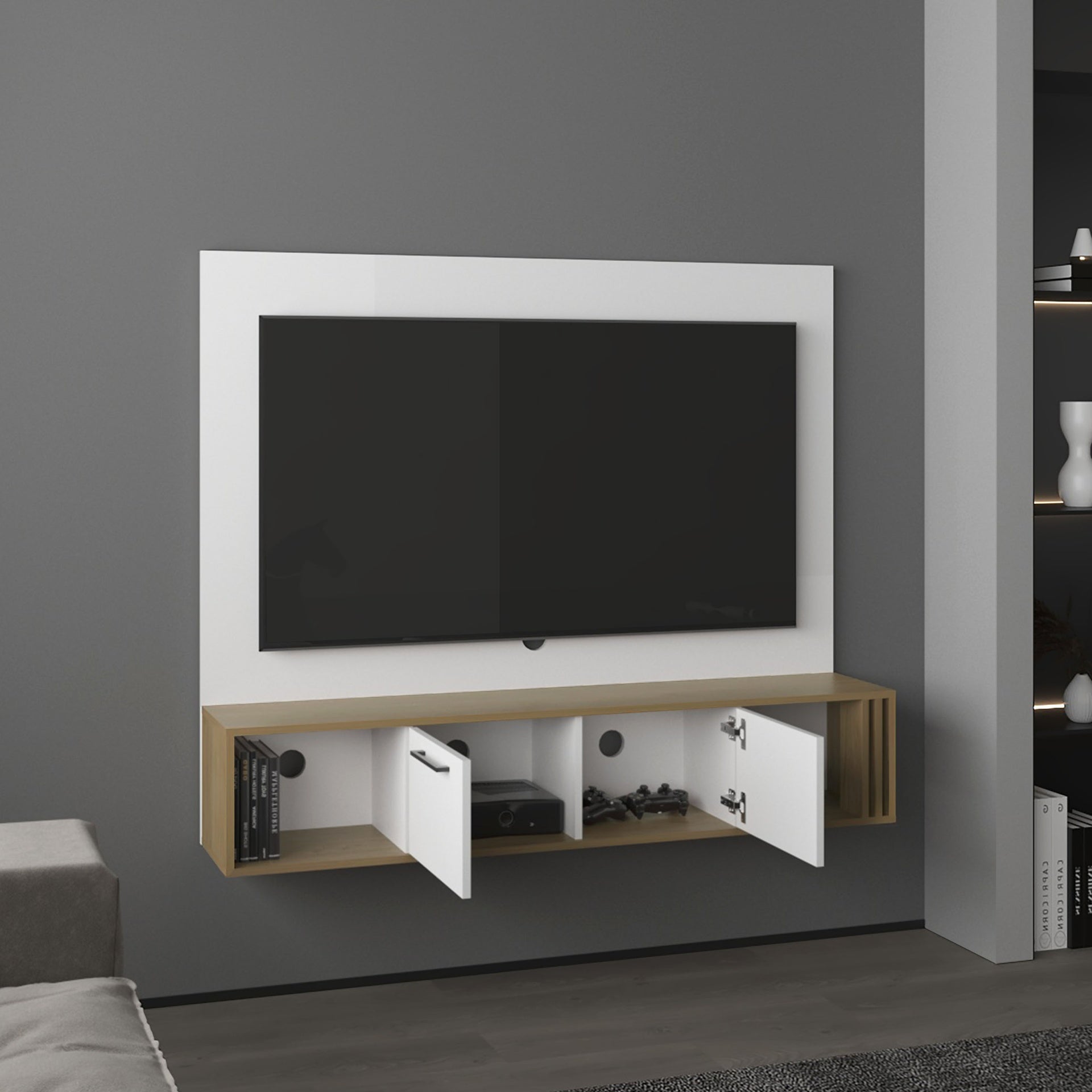 Vance 56" Wide Floating Entertainment Center with Two Cabinets , Four Shelves, Cable Management  Narual Oak - White