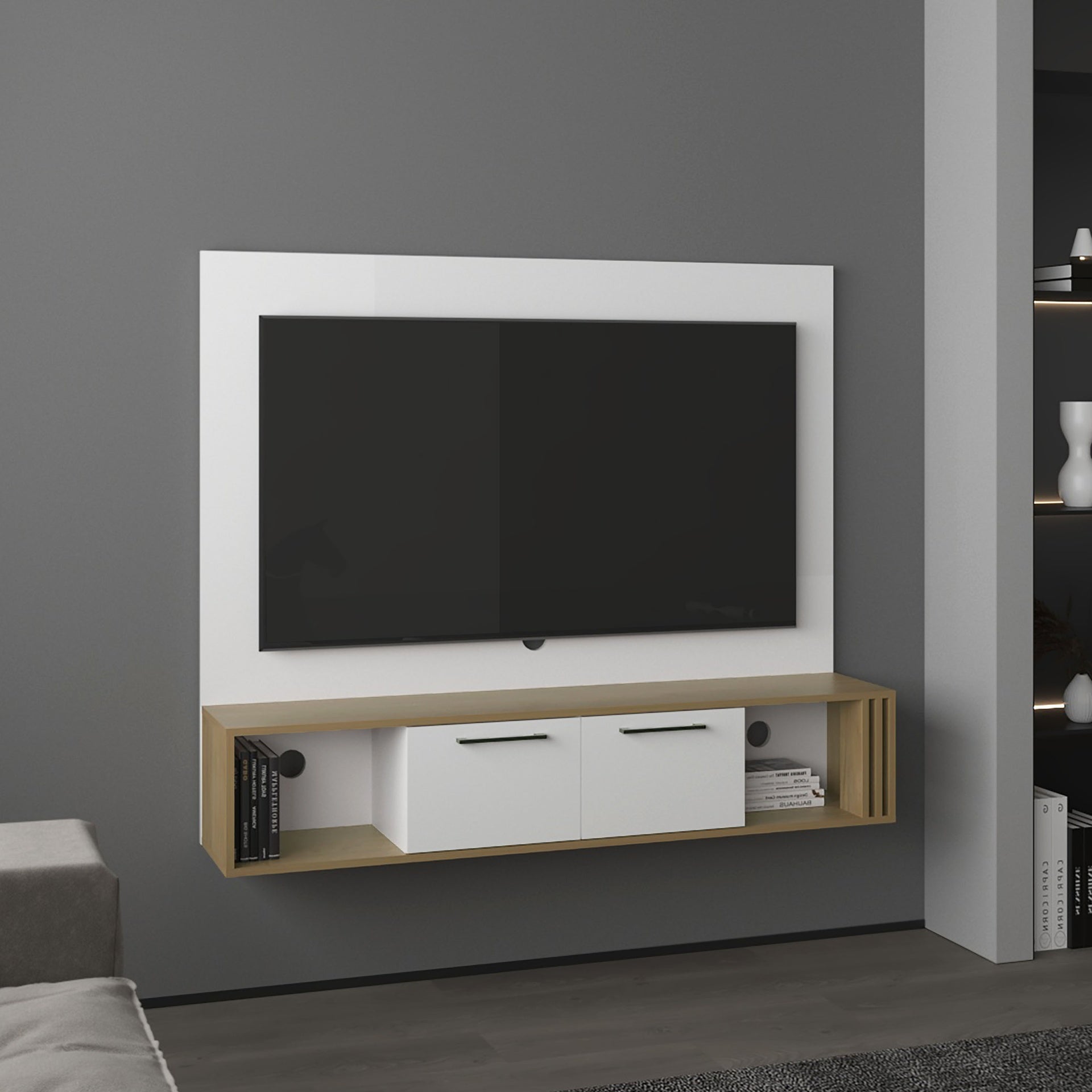 Vance 56" Wide Floating Entertainment Center with Two Cabinets , Four Shelves, Cable Management  Narual Oak - White