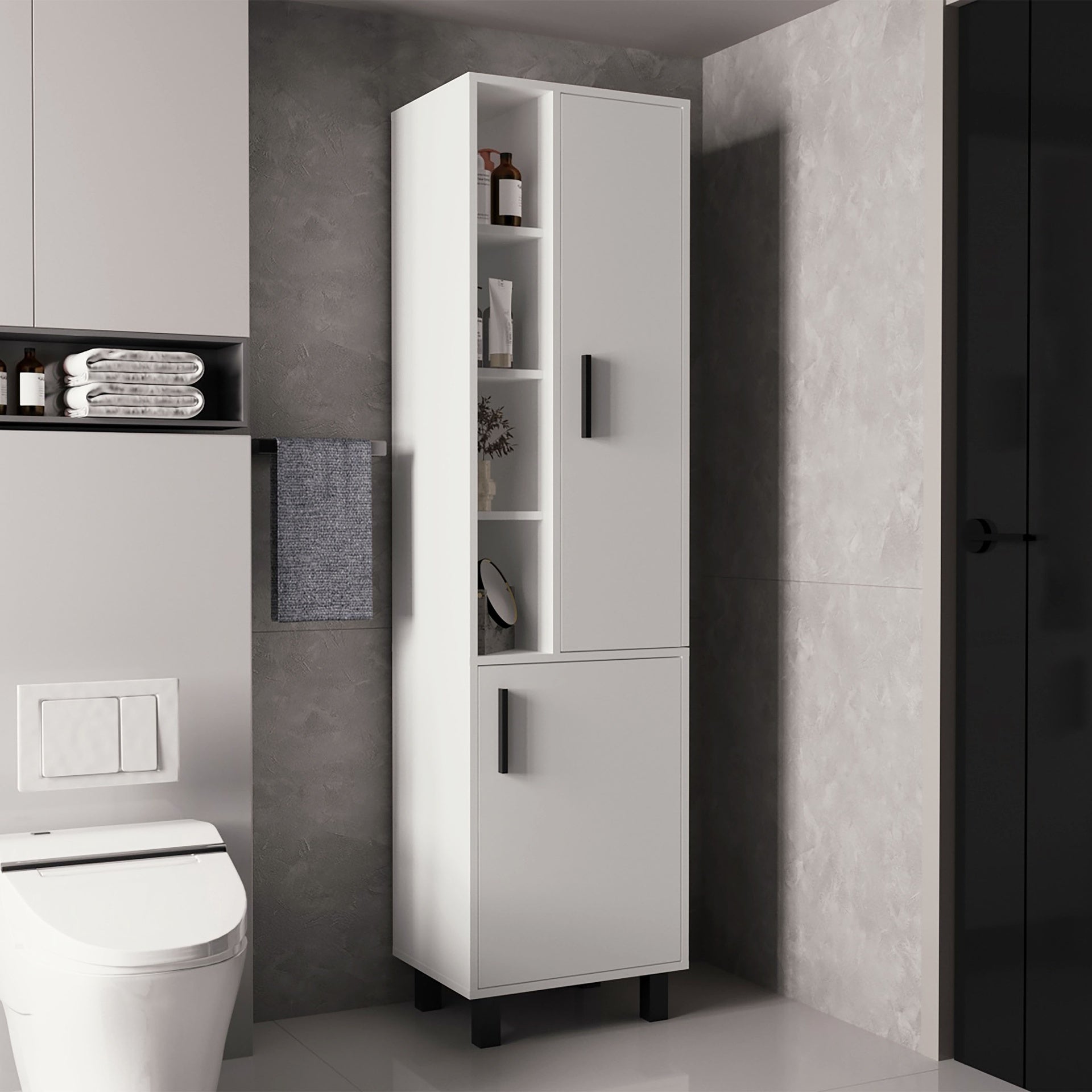 Stanton Tall Storage Cabinet With Two Doors And Three Open Shelves, White