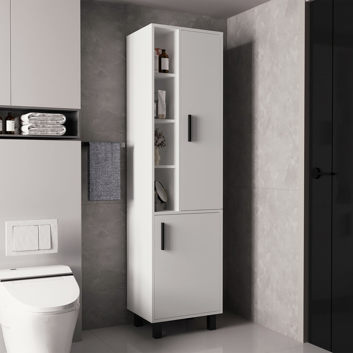 Stanton Tall Storage Cabinet With Two Doors And Three Open Shelves, White