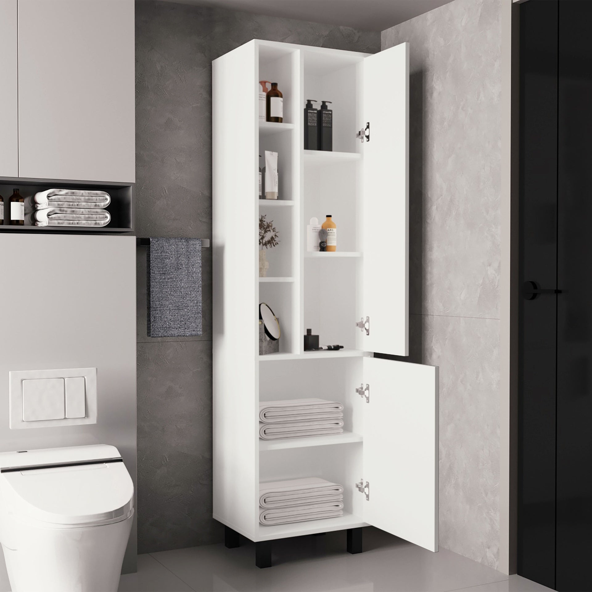 Stanton Tall Storage Cabinet With Two Doors And Three Open Shelves, White