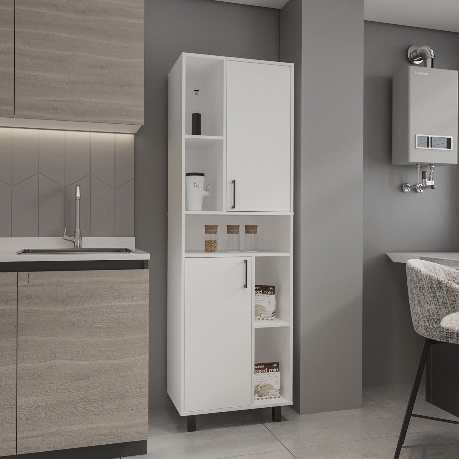 Bryce Pantry Cabinet With Two Doors And Multiple Storage Compartments, White