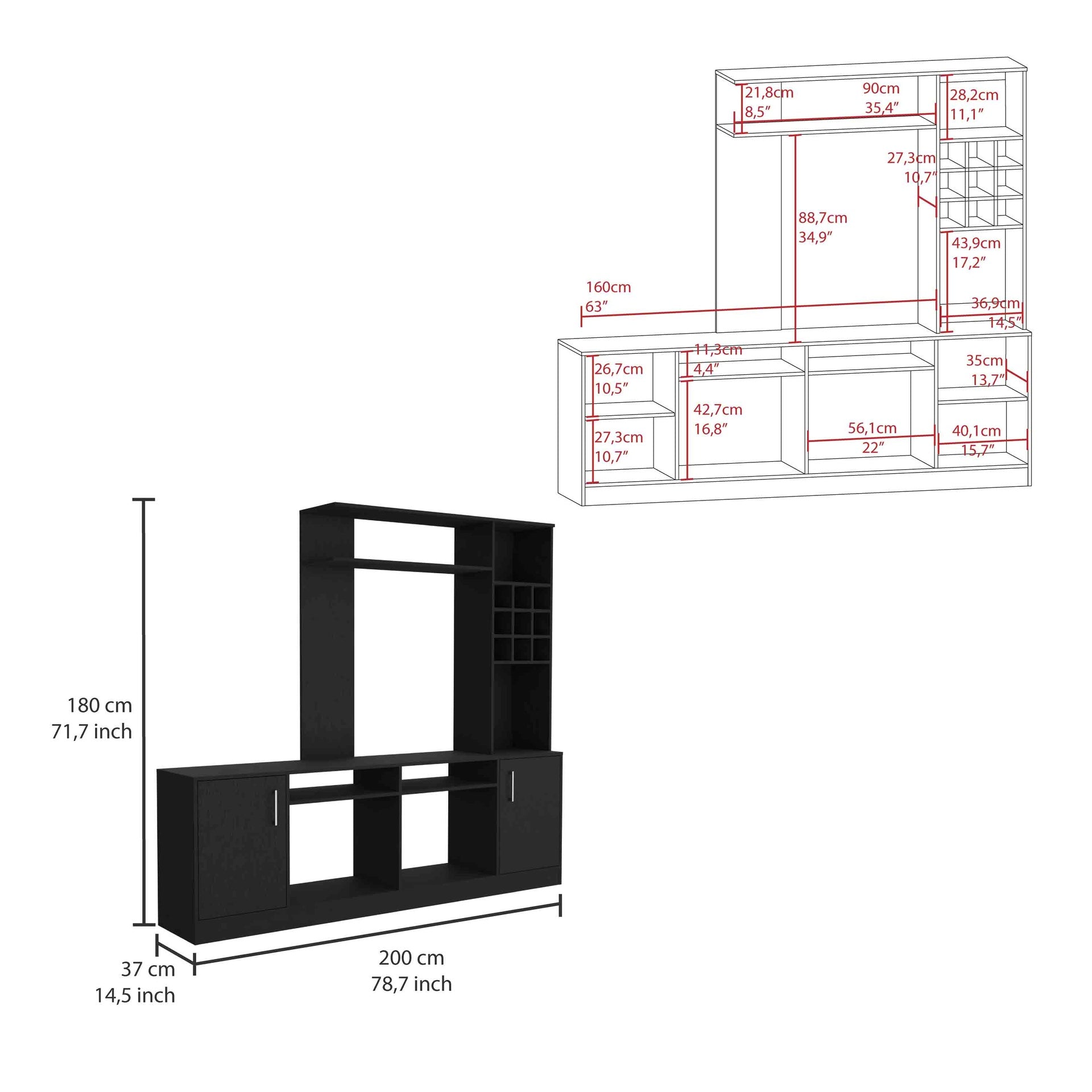 Kava Entertainment Center, Six External Shelves, Double Door Cabinet, Storage Spaces for TV´s up 37" -Black