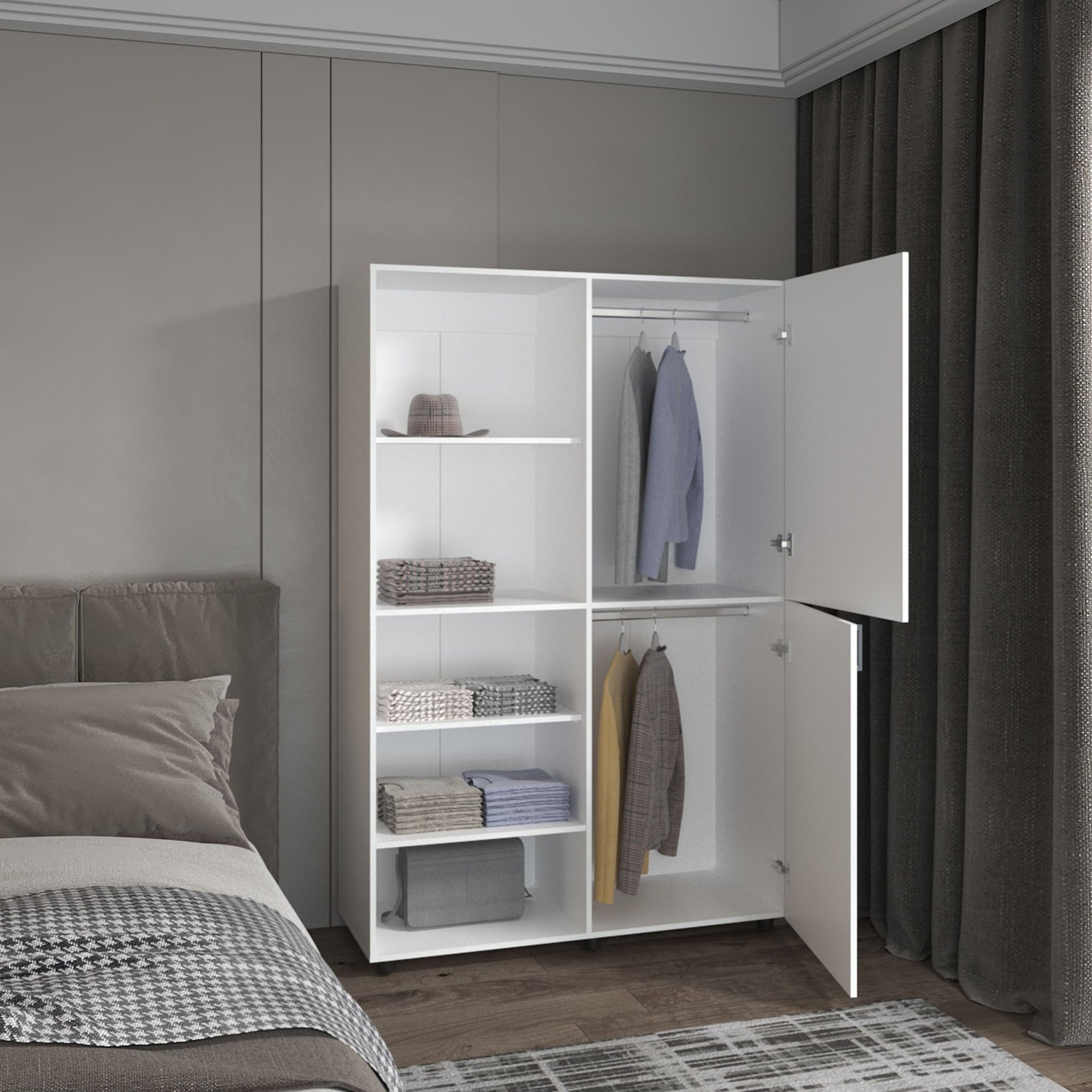 Eco High One Door Freestanding Armoire With Hanging Rod And Interior Shelves, Compact Bedroom Wardrobe, White