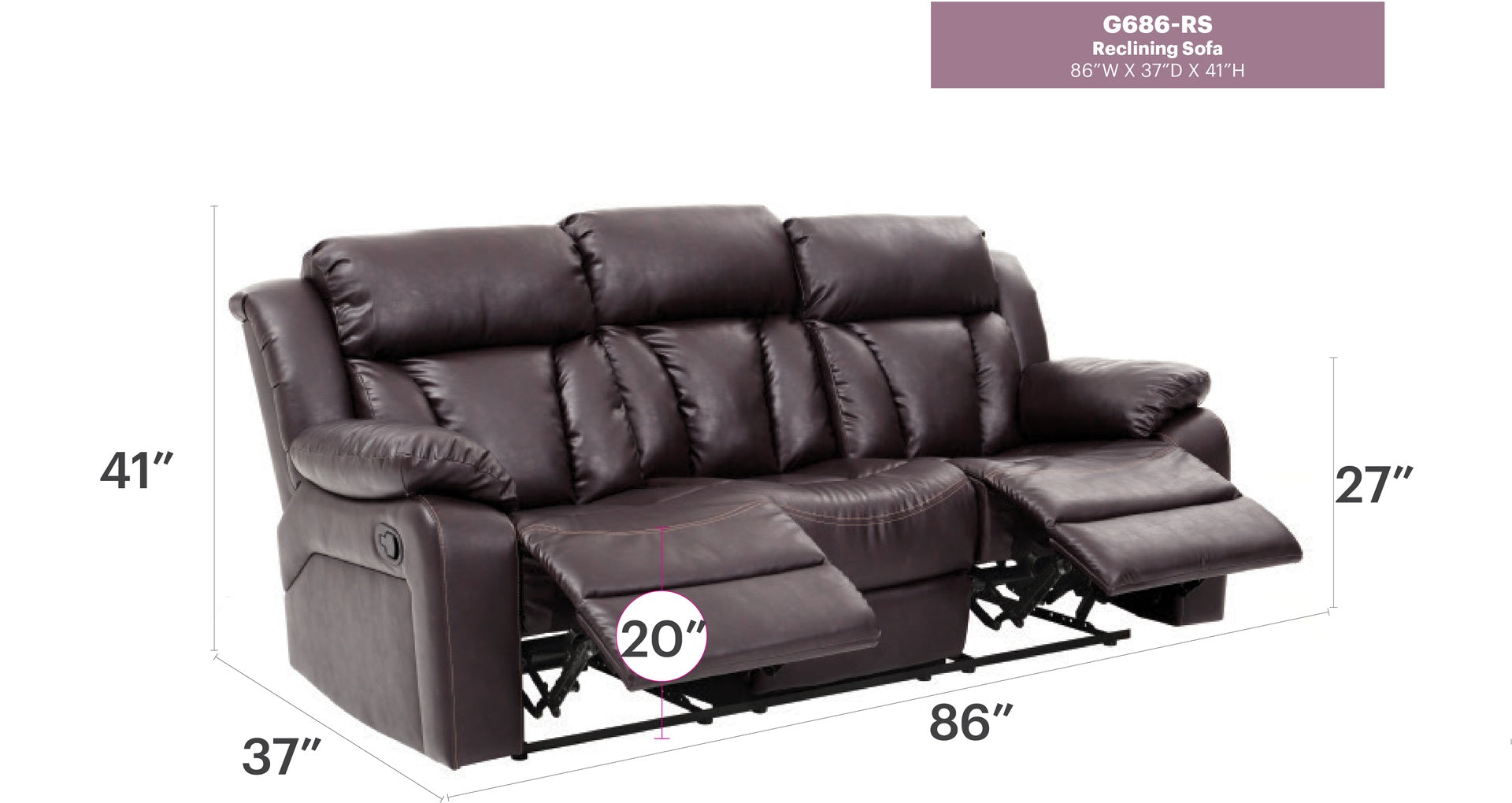 Daria G686-RS Reclining Sofa , DARK BROWN