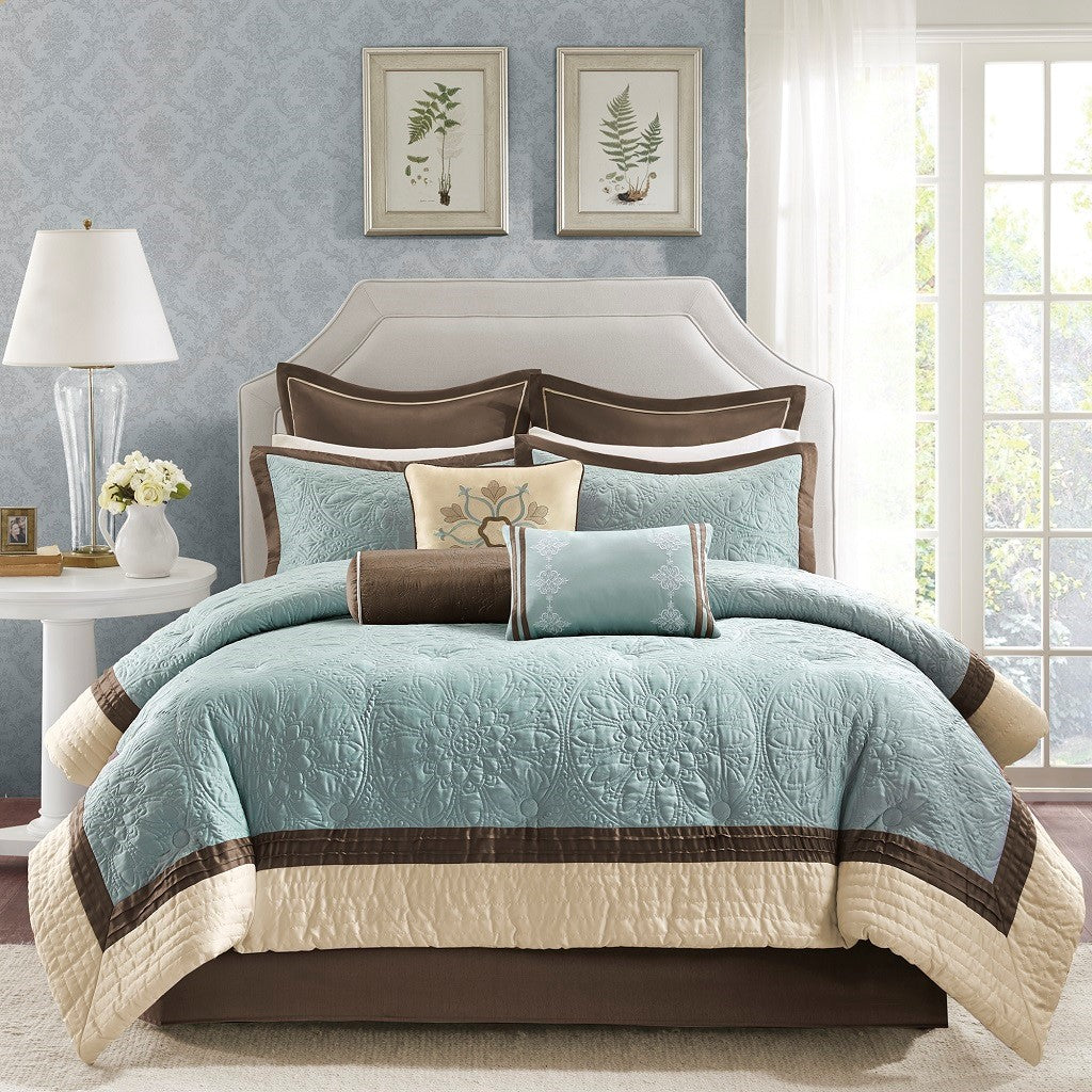 9 Piece Charmeuse Comforter Set Blue King
