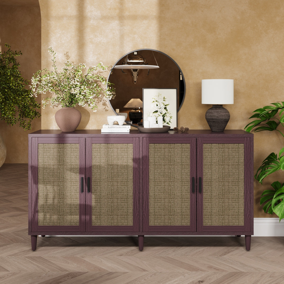 70" Rattan Buffet Cabinet with Storage, 4-Door Sideboard Buffet Cabinet with Adjustable Shelves for Kitchen, Living Room and Dining Room, Easy Assembly,Brown